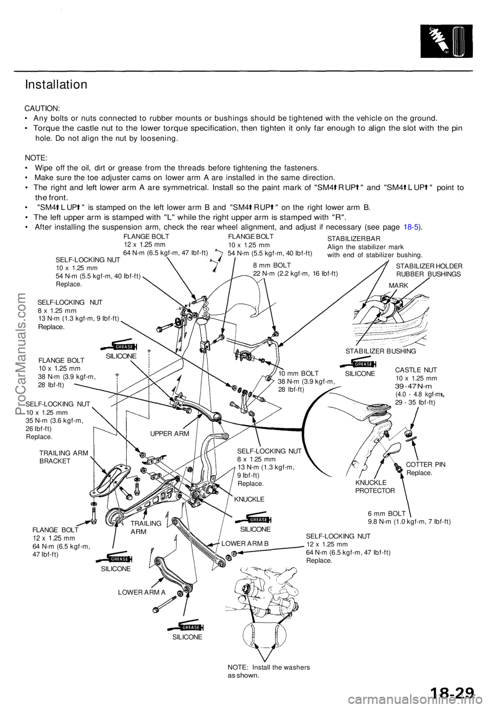 ACURA TL 1995 Service Repair Manual Installation
CAUTION:
• An y bolt s o r nut s connecte d t o rubbe r mount s o r bushing s shoul d b e tightene d wit h th e vehicl e o n th e ground .
• Torqu e th e castl e nu t t o th e lowe ACURA TL 1995 Service Repair Manual Installation
CAUTION:
• An y bolt s o r nut s connecte d t o rubbe r mount s o r bushing s shoul d b e tightene d wit h th e vehicl e o n th e ground .
• Torqu e th e castl e nu t t o th e lowe