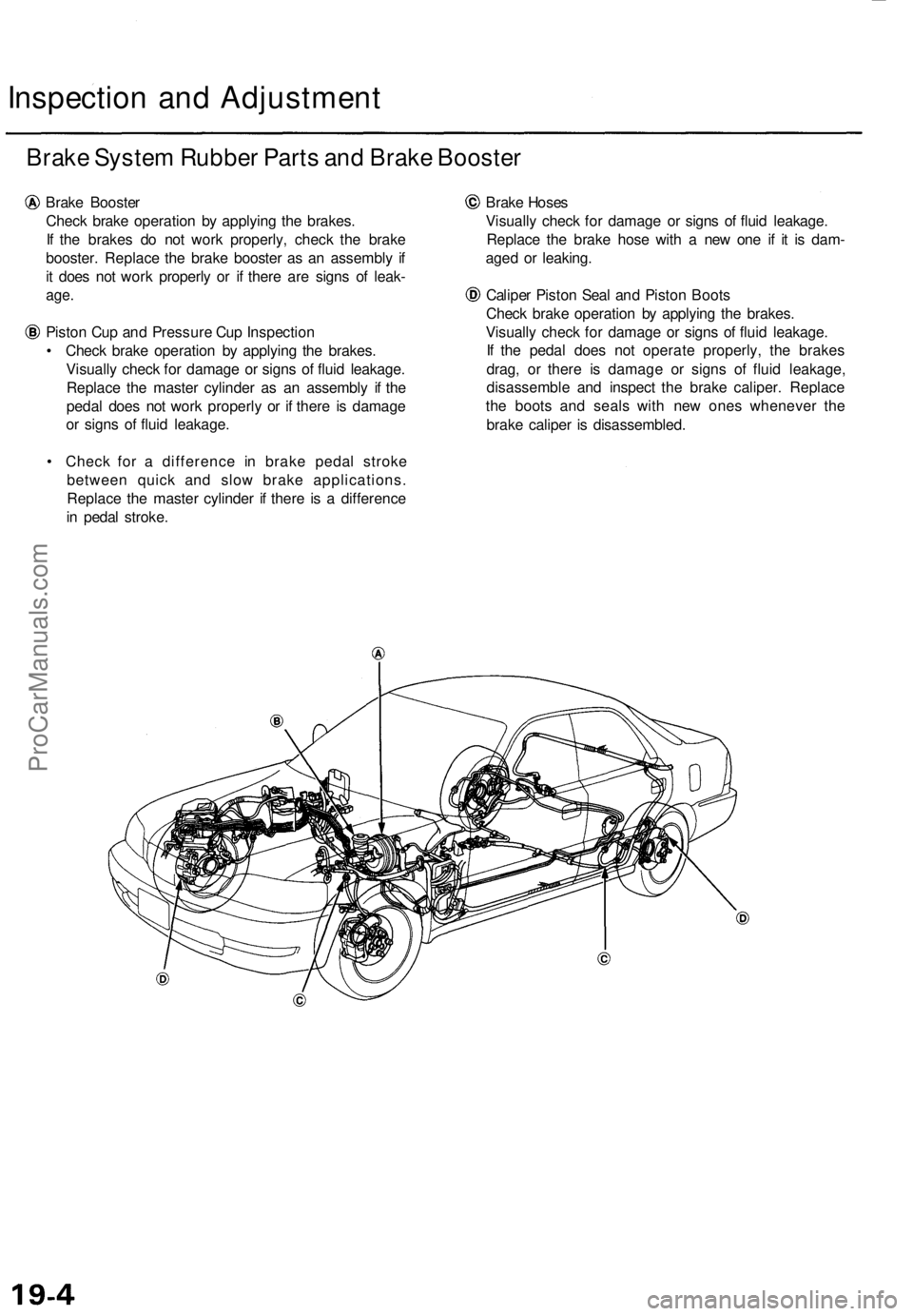 ACURA TL 1995 Service Repair Manual
Inspection and Adjustment
Brake System Rubber Parts and Brake Booster
Brake Booster
Check brake operation by applying the brakes.
If the brakes do not work properly, check the brake
booster. Rep ACURA TL 1995 Service Repair Manual
Inspection and Adjustment
Brake System Rubber Parts and Brake Booster
Brake Booster
Check brake operation by applying the brakes.
If the brakes do not work properly, check the brake
booster. Rep