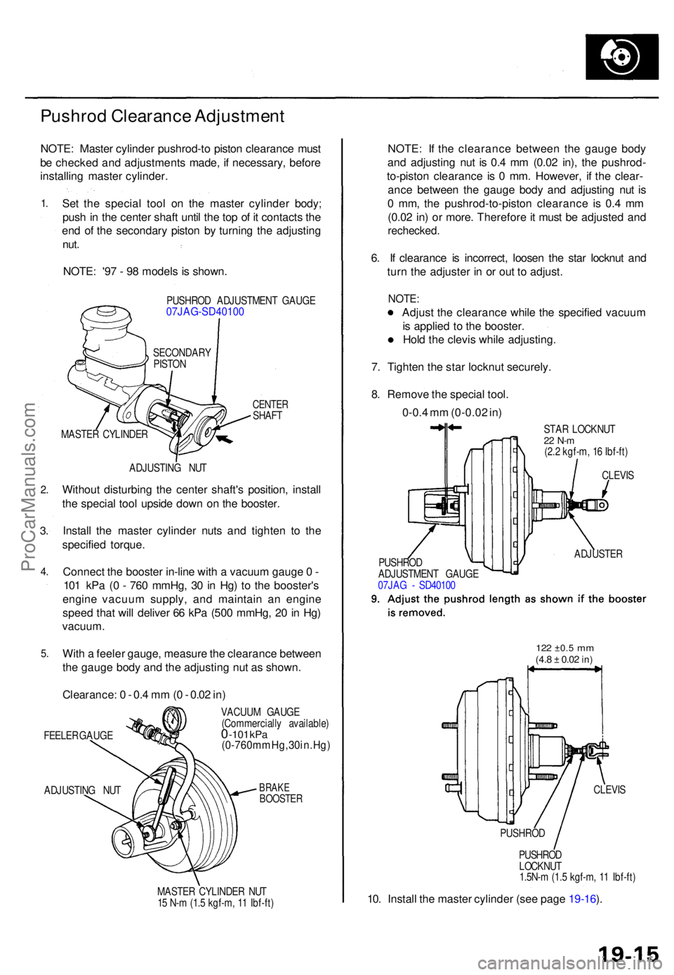 ACURA TL 1995  Service Repair Manual Pushrod Clearanc e Adjustmen t
NOTE: Maste r cylinde r pushrod-t o pisto n clearanc e mus t
b e  checke d an d adjustment s made , i f necessary , befor e
installin g maste r cylinder .
1.
2 .
3.
4 .

