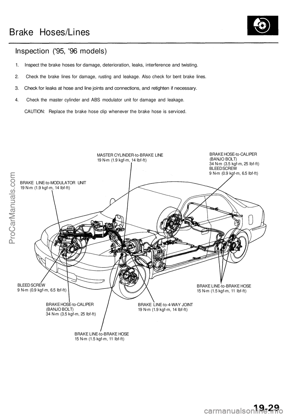 ACURA TL 1995  Service Repair Manual 
Brake Hoses/Lines

Inspection ('95, '96 models)

1. Inspect the brake hoses for damage, deterioration, leaks, interference and twisting.

2. Check the brake lines for damage, rusting and leak