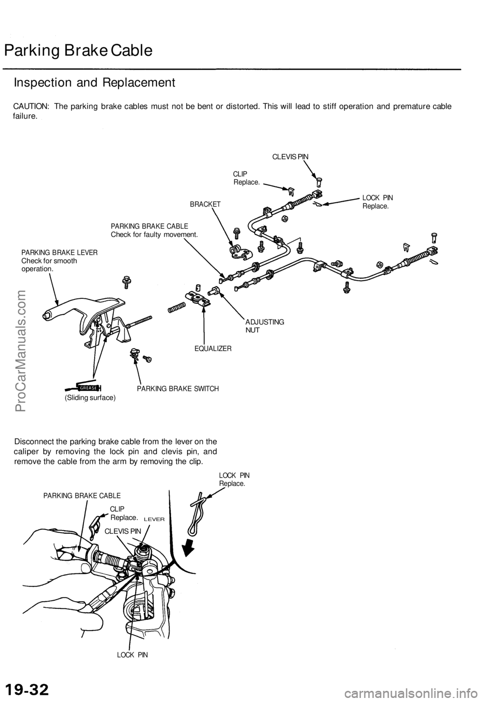 ACURA TL 1995  Service Repair Manual 
Parking Brake Cable

Inspection and Replacement

CAUTION: The parking brake cables must not be bent or distorted. This will lead to stiff operation and premature cable

failure.

CLEVIS PIN

CLIP

Re