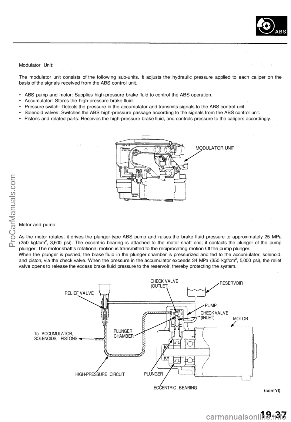 ACURA TL 1995 Service Repair Manual
Modulator Unit:
The modulator unit consists of the following sub-units. It adjusts the hydraulic pressure applied to each caliper on the
basis of the signals received from the ABS control unit.
ACURA TL 1995 Service Repair Manual
Modulator Unit:
The modulator unit consists of the following sub-units. It adjusts the hydraulic pressure applied to each caliper on the
basis of the signals received from the ABS control unit.