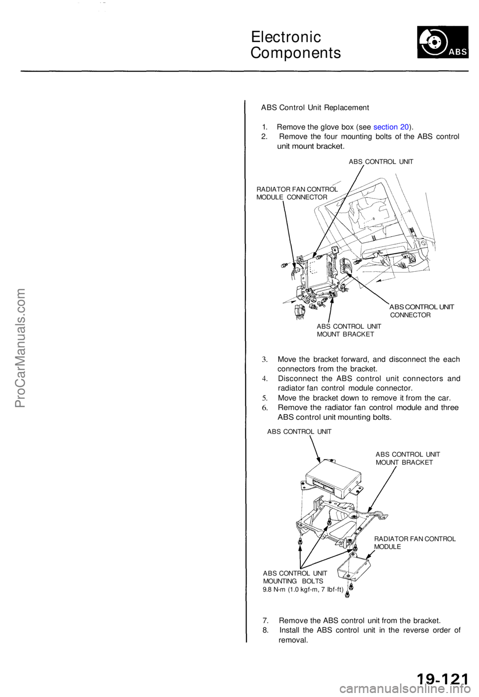 ACURA TL 1995  Service Repair Manual Electronic
Component s
ABS Contro l Uni t Replacemen t
1 . Remov e th e glov e bo x (se e sectio n 20 ).
2 . Remov e th e fou r mountin g bolt s o f th e AB S contro l
unit moun t bracket .
RADIATO R 