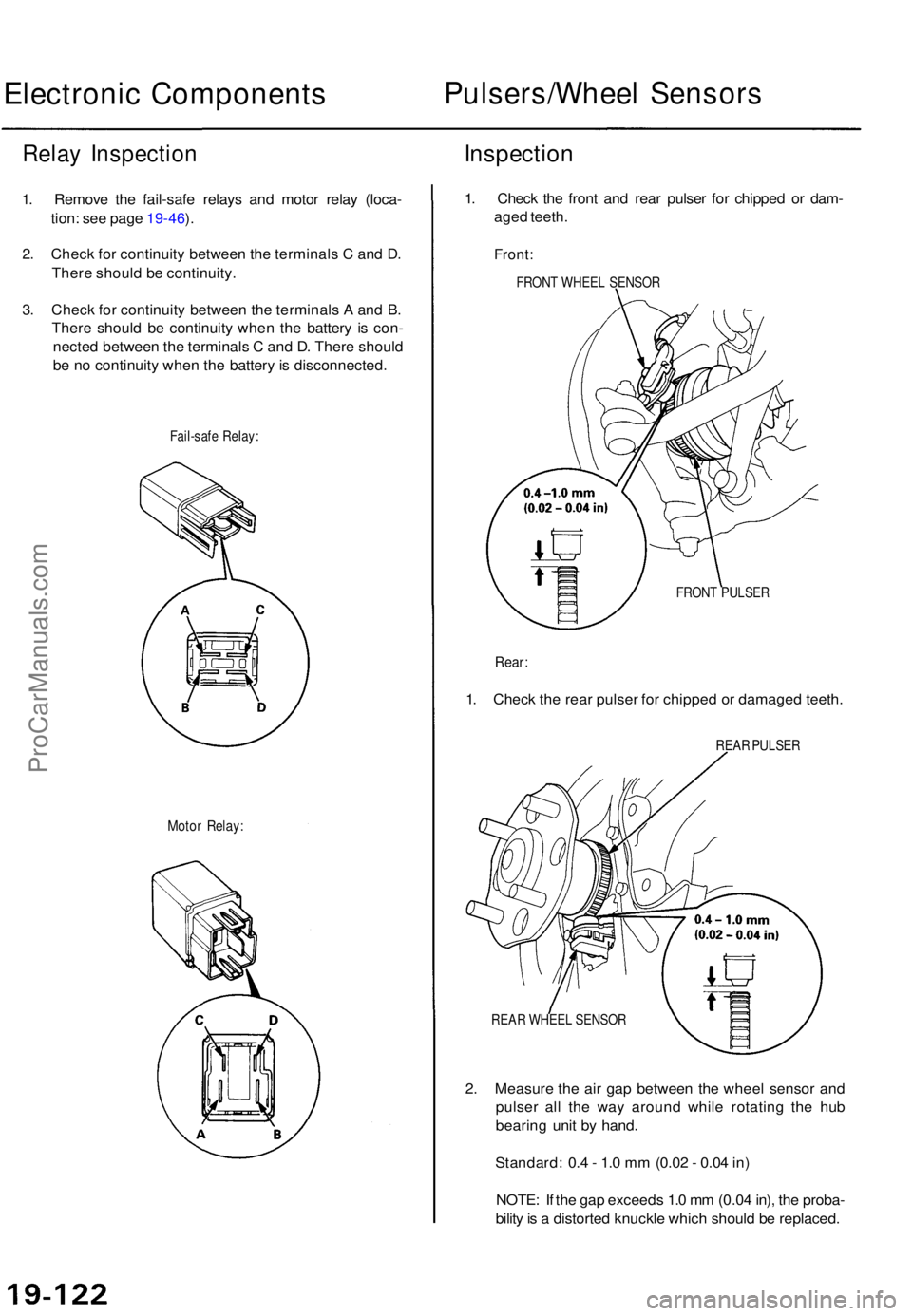 ACURA TL 1995 Service Repair Manual Electronic Component sPulsers/Whee l Sensor s
Relay Inspectio n
1. Remov e th e fail-saf e relay s an d moto r rela y (loca -
tion : se e pag e 19-46 ).
2 . Chec k fo r continuit y betwee n th e termi ACURA TL 1995 Service Repair Manual Electronic Component sPulsers/Whee l Sensor s
Relay Inspectio n
1. Remov e th e fail-saf e relay s an d moto r rela y (loca -
tion : se e pag e 19-46 ).
2 . Chec k fo r continuit y betwee n th e termi