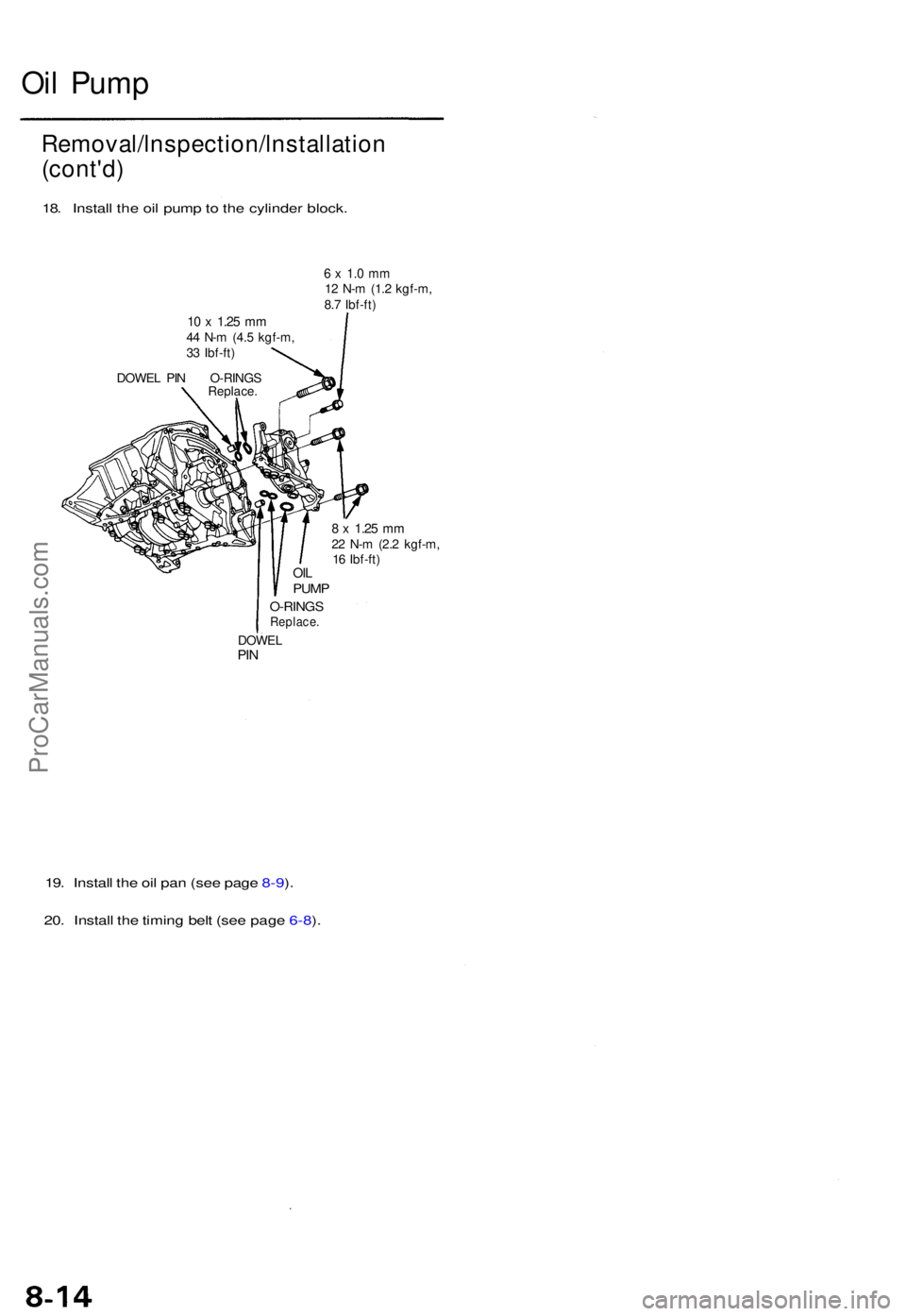 ACURA TL 1995  Service Repair Manual Oil Pum p
10  x 1.2 5 mm44  N- m (4. 5 kgf-m ,
3 3  Ibf-ft )
DOWE L PI N O-RING S
Replace.
6 x  1. 0 m m12  N- m (1. 2 kgf-m ,
8. 7 Ibf-ft )
OILPUM P
O-RING SReplace .
DOWELPIN
8 x 1.2 5 mm22  N- m (2