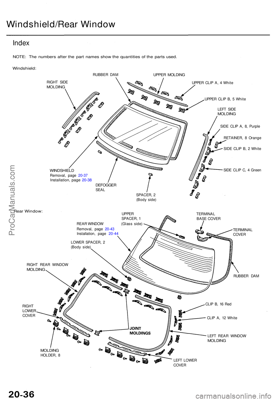ACURA TL 1995  Service Repair Manual Windshield/Rear Windo w
Index
NOTE : Th e number s afte r th e par t name s sho w th e quantitie s o f th e part s used .
Windshield :
RIGHT SID EMOLDIN G
RUBBER DA M
WINDSHIEL DRemoval, pag e 20-3 7I