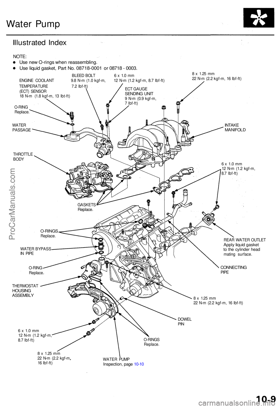 ACURA TL 1995  Service Repair Manual Water Pum p
Illustrate d Inde x
NOTE :
Use ne w O-ring s whe n reassembling .
Use liqui d gasket , Par t No . 08718-000 1 o r 0871 8 - 0003 .
BLEE D BOL T 6  x 1. 0 m m
ENGIN E COOLAN T 9. 8 N- m (1. 
