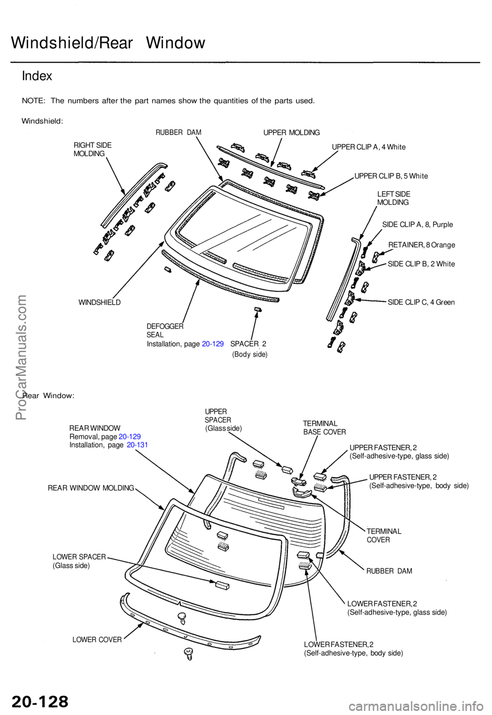 ACURA TL 1995  Service Repair Manual Windshield/Rear Windo w
Index
NOTE : Th e number s afte r th e par t name s sho w th e quantitie s o f th e part s used .
Windshield :
RUBBER DA MUPPE R MOLDIN G
RIGH T SID E
MOLDIN G
WINDSHIEL D
DEFO