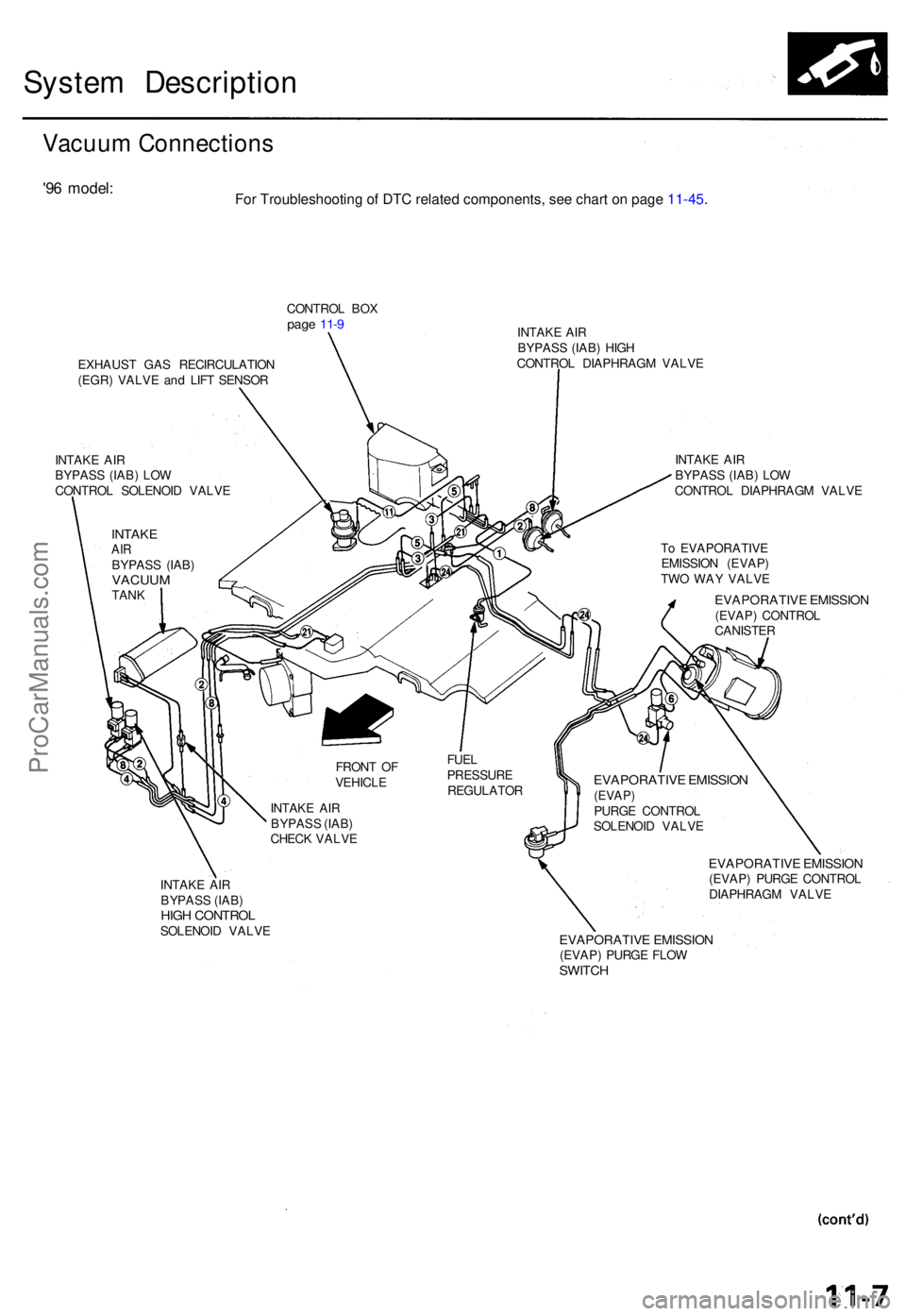ACURA TL 1995  Service Repair Manual System Descriptio n
Vacuum Connection s
'96 model :
CONTRO L BO Xpage 11- 9
EXHAUS T GA S RECIRCULATIO N
(EGR ) VALV E an d LIF T SENSO R
INTAK E AI R
BYPAS S (IAB ) LO W
CONTRO L SOLENOI D VALV E