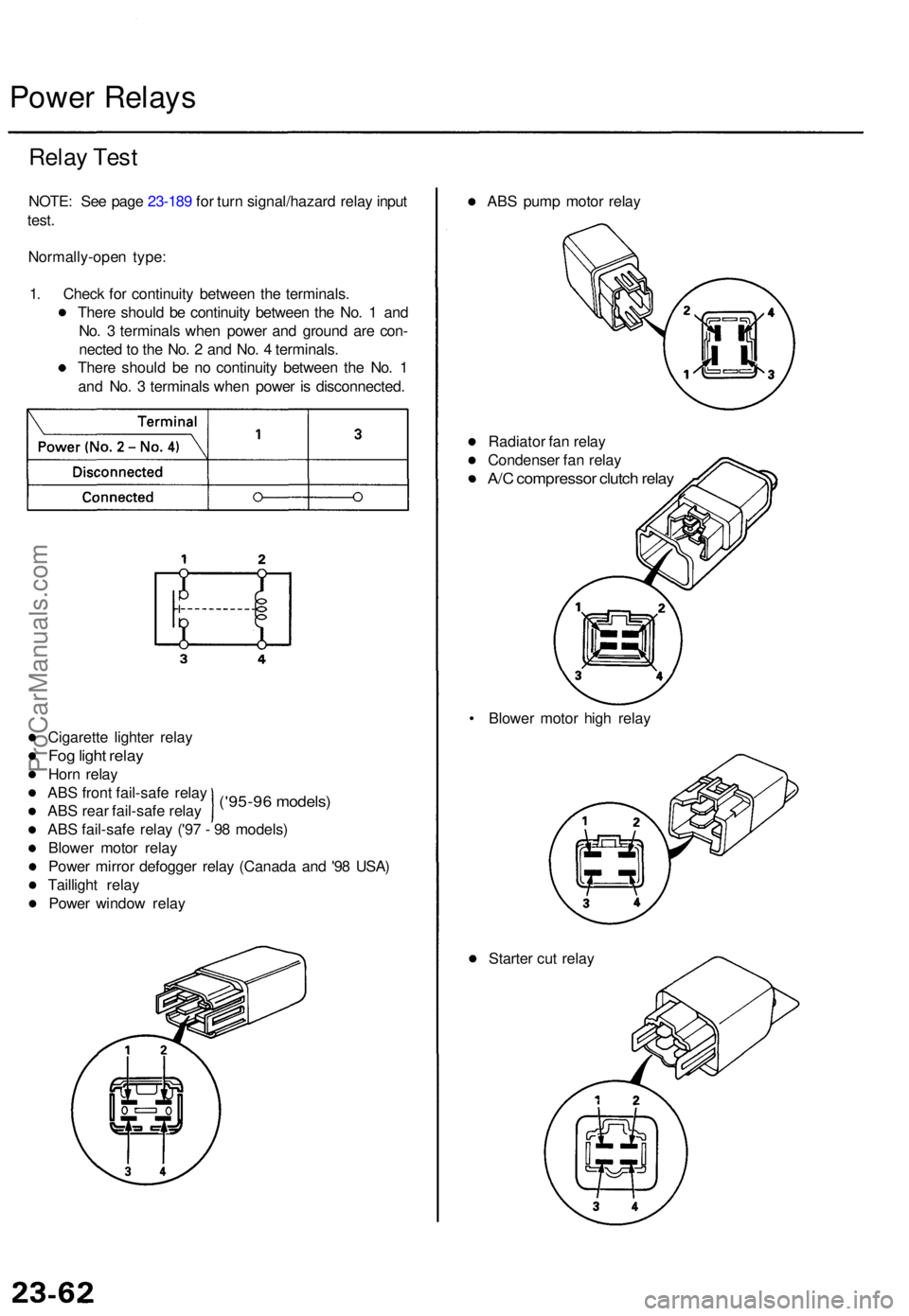 ACURA TL 1995  Service Repair Manual Power Relay s
Relay Tes t
NOTE : Se e pag e 23-18 9 fo r tur n signal/hazar d rela y inpu t
test .
Normally-ope n type :
1 . Chec k fo r continuit y betwee n th e terminals .
Ther e shoul d b e contin