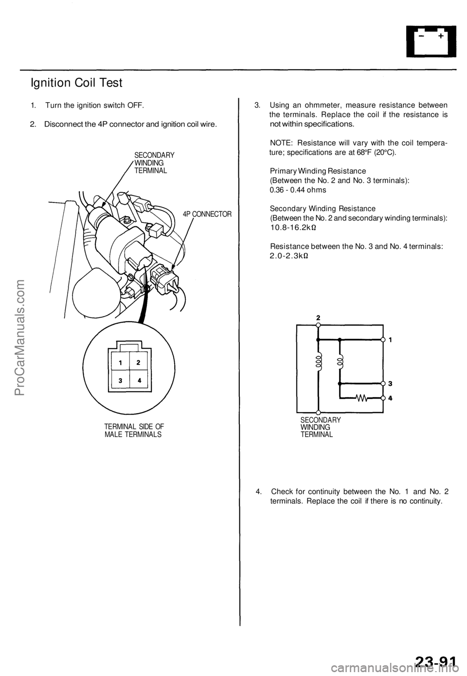 ACURA TL 1995  Service Repair Manual 
Ignition Coil Test

1. Turn the ignition switch OFF.

2. Disconnect the 4P connector and ignition coil wire.

SECONDARY

WINDING

TERMINAL

4P CONNECTOR

TERMINAL SIDE OF

MALE TERMINALS 
3. Using an