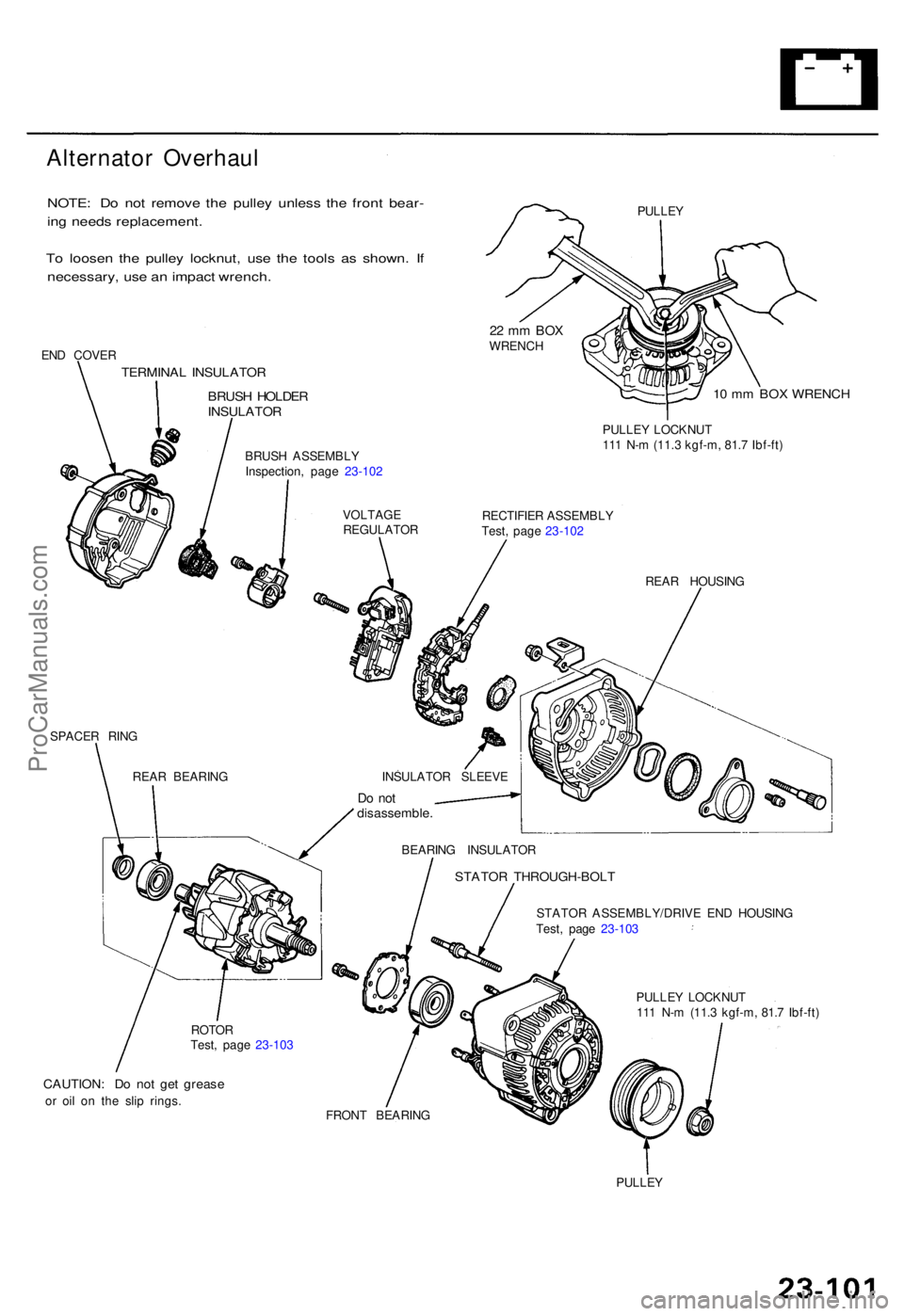 ACURA TL 1995  Service Repair Manual Alternator Overhau l
NOTE: D o no t remov e th e pulle y unles s th e fron t bear -
in g need s replacement .
T o loose n th e pulle y locknut , us e th e tool s a s shown . I f
necessary , us e a n i