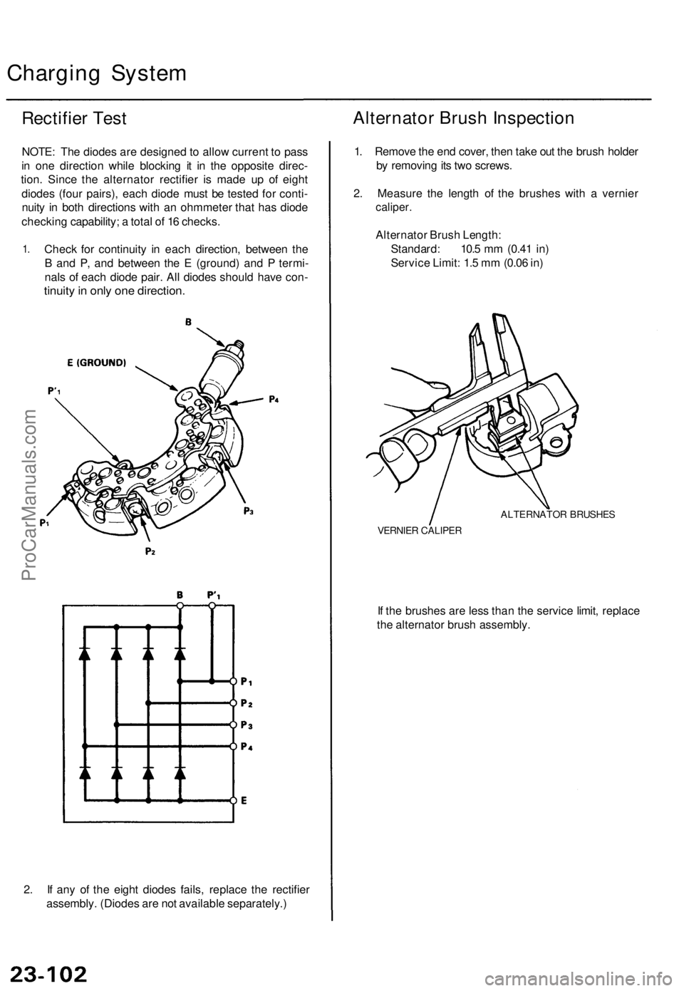 ACURA TL 1995  Service Repair Manual 
Charging System

Rectifier Test

NOTE: The diodes are designed to allow current to pass

in one direction while blocking it in the opposite direc-

tion. Since the alternator rectifier is made up of 