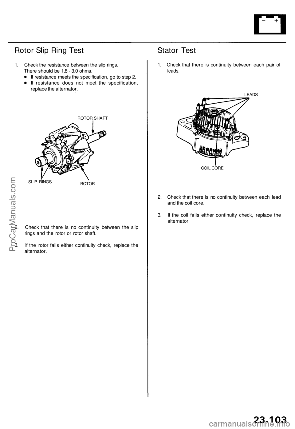 ACURA TL 1995  Service Repair Manual 
Rotor Slip Ring Test

1. Check the resistance between the slip rings.

There should be 1.8 - 3.0 ohms.

If resistance meets the specification, go to step 2.

If resistance does not meet the specifica