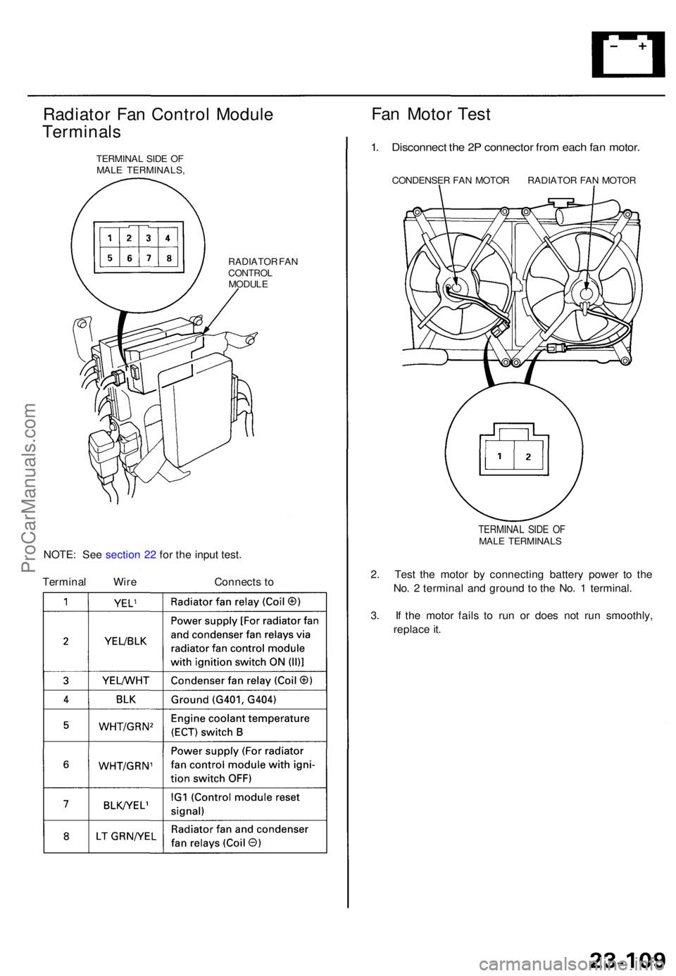 ACURA TL 1995  Service Repair Manual Radiator Fa n Contro l Modul e
Terminal s
TERMINA L SID E O F
MAL E TERMINALS ,
Fan Moto r Tes t
RADIATO R FA NCONTRO LMODULE
NOTE: Se e sectio n 2 2 fo r th e inpu t test .
Termina lWire Connects to
