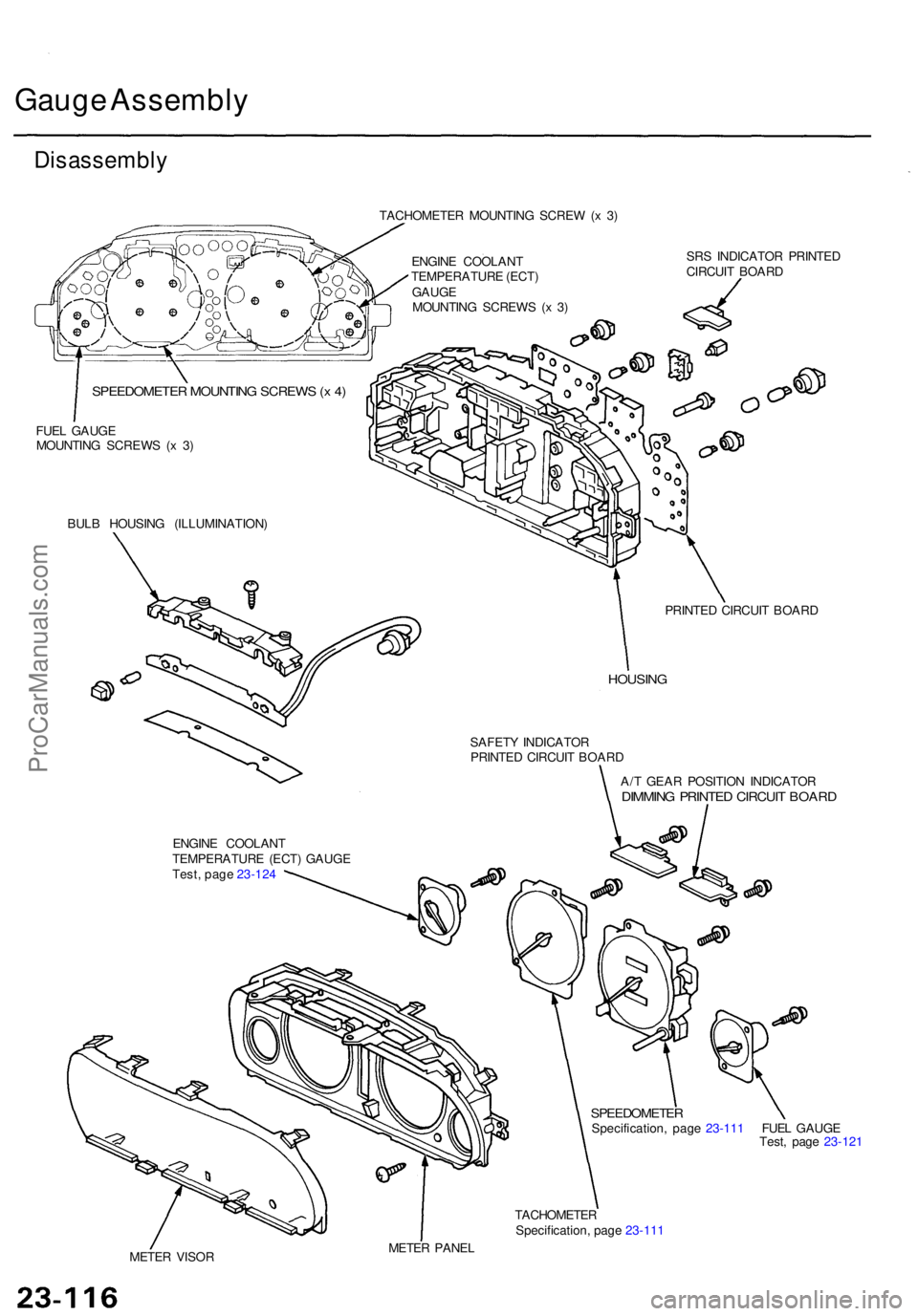 ACURA TL 1995  Service Repair Manual Gauge Assembl y
Disassembl y
TACHOMETE R MOUNTIN G SCRE W (x 3 )
ENGIN E COOLAN T
TEMPERATUR E (ECT )
GAUG E
MOUNTIN G SCREW S ( x 3 ) SR
S INDICATO R PRINTE D
CIRCUI T BOAR D
SPEEDOMETE R MOUNTIN G S