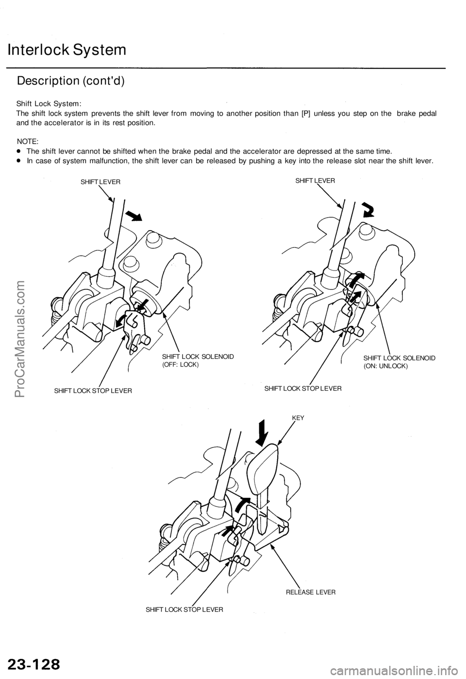 ACURA TL 1995  Service Repair Manual 
Interlock System

Description (cont'd)

Shift Lock System:

The shift lock system prevents the shift lever from moving to another position than [P] unless you step on the brake pedal

and the acc