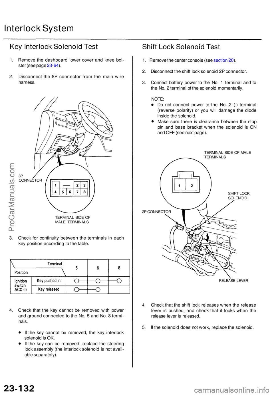 ACURA TL 1995  Service Repair Manual Interlock Syste m
Key Interloc k Solenoi d Tes t
1. Remov e th e dashboar d lowe r cove r an d kne e bol -
ste r (se e pag e 23-64 ).
2 . Disconnec t th e 8 P connecto r fro m th e mai n wir e
harness