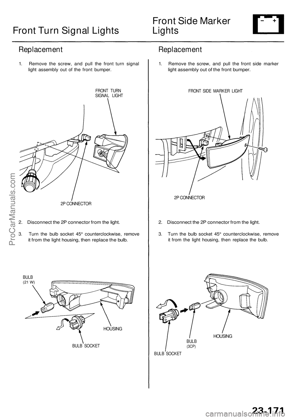 ACURA TL 1995  Service Repair Manual Front Tur n Signa l Light s Fron
t Sid e Marke rLights
Replacemen t
1. Remov e th e screw , an d pul l th e fron t tur n signa l
ligh t assembl y ou t o f th e fron t bumper .
FRONT TUR N
SIGNA L LIGH