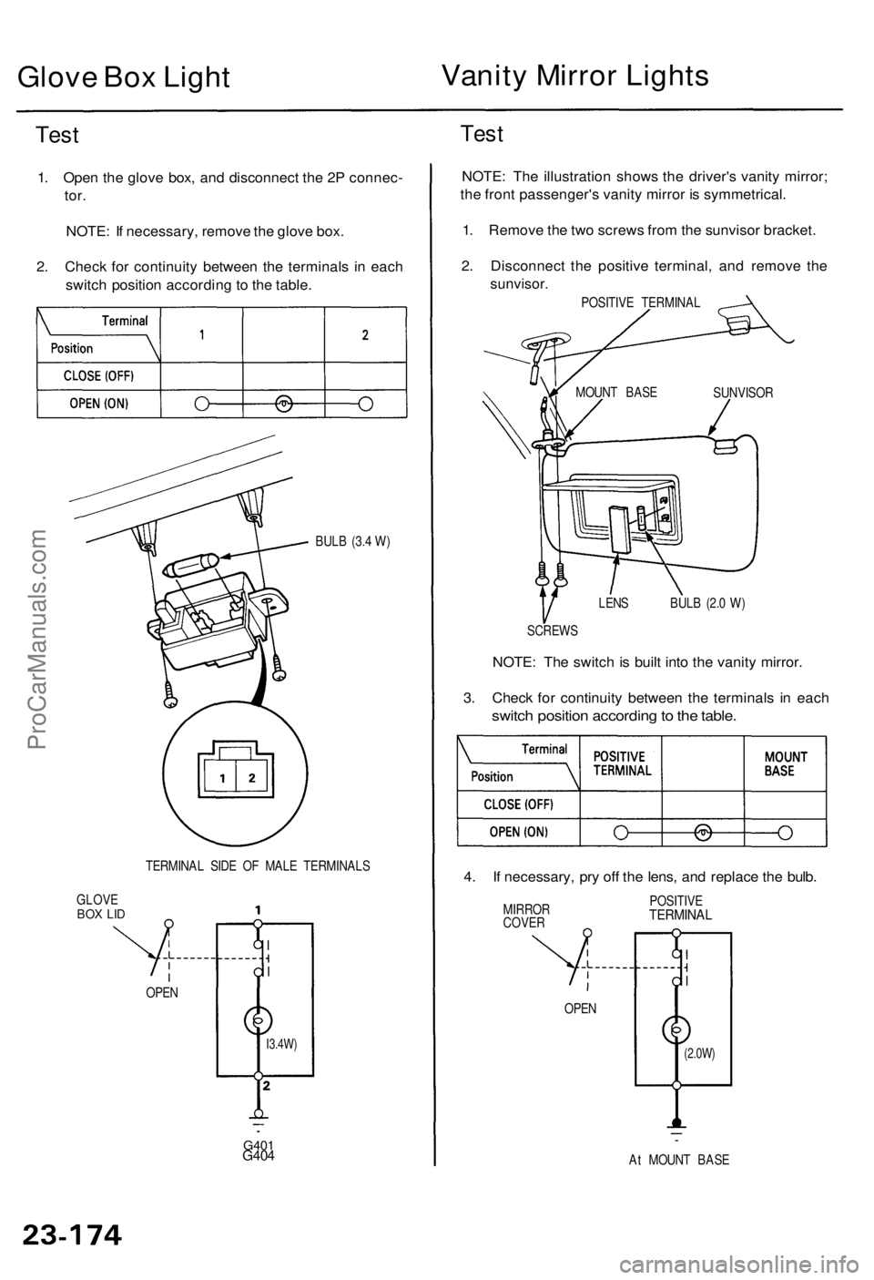 ACURA TL 1995  Service Repair Manual Glove Bo x Ligh t Vanit
y Mirro r Light s
Test
1. Ope n th e glov e box , an d disconnec t th e 2 P connec -
tor.
NOTE : I f necessary , remov e th e glov e box .
2 . Chec k fo r continuit y betwee n 