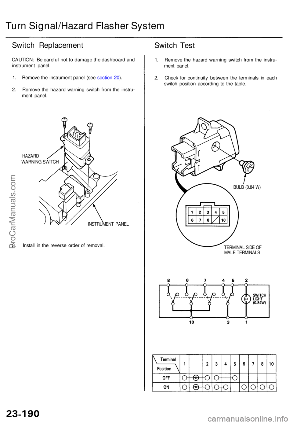 ACURA TL 1995  Service Repair Manual Turn Signal/Hazar d Flashe r Syste m
Switch Replacemen t
CAUTION: B e carefu l no t t o  damag e th e dashboar d an d
instrumen t panel .
1 . Remov e th e instrumen t pane l (se e sectio n 20 ).
2 . R