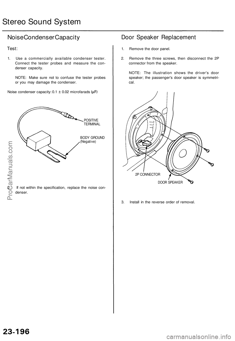 ACURA TL 1995  Service Repair Manual Stereo Soun d Syste m
Noise Condense r Capacit y
Test:
1. Us e a  commerciall y availabl e condense r tester .
Connec t th e teste r probe s an d measur e th e con -
dense r capacity .
NOTE : Mak e su