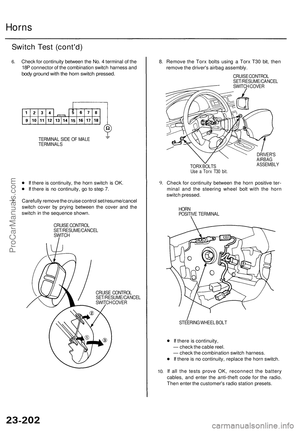 ACURA TL 1995 Service Repair Manual Horns
Switc h Tes t (cont'd )
6.Chec k fo r continuit y betwee n th e No . 4 termina l o f th e
18 P connecto r o f th e combinatio n switc h harnes s an d
bod y groun d wit h th e hor n switc h ACURA TL 1995 Service Repair Manual Horns
Switc h Tes t (cont'd )
6.Chec k fo r continuit y betwee n th e No . 4 termina l o f th e
18 P connecto r o f th e combinatio n switc h harnes s an d
bod y groun d wit h th e hor n switc h