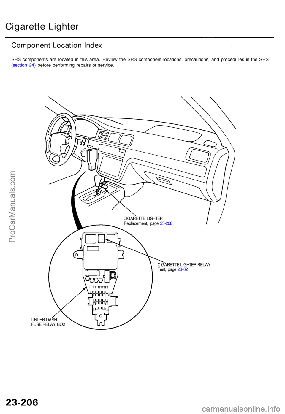 ACURA TL 1995  Service Repair Manual Cigarette Lighte r
Componen t Locatio n Inde x
SRS component s ar e locate d i n thi s area . Revie w th e SR S componen t locations , precautions , an d procedure s i n th e SR S
( sectio n 24 ) befo