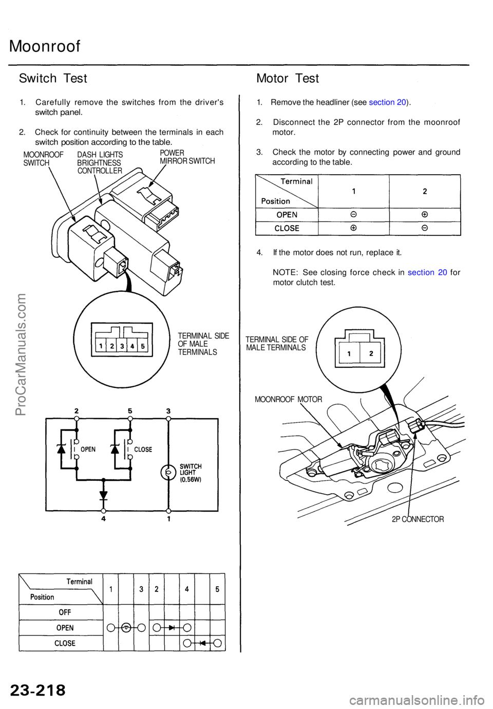 ACURA TL 1995  Service Repair Manual Moonroof
Switch Tes t Motor Tes t
1. Carefull y remov e th e switche s fro m th e driver' s
switch panel .
2. Chec k fo r continuit y betwee n th e terminal s i n eac h
switc h positio n accordin 