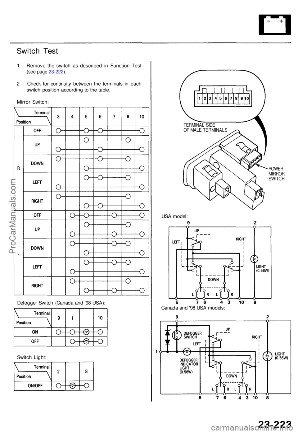 ACURA TL 1995  Service Repair Manual Switch Tes t
1. Remov e th e switc h a s describe d i n Functio n Tes t
(see pag e 23-222 ).
2 . Chec k fo r continuit y betwee n th e terminal s i n eac h
switc h positio n accordin g t o th e table 