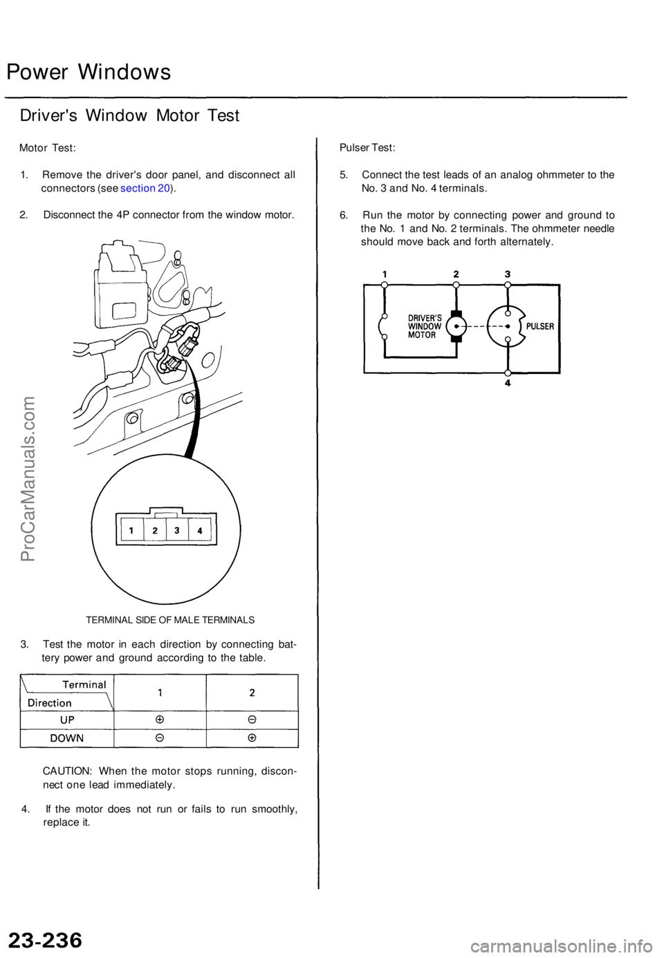 ACURA TL 1995  Service Repair Manual Power Window s
Driver's Windo w Moto r Tes t
Moto r Test :
1 . Remov e th e driver' s doo r panel , an d disconnec t al l
connector s (se e sectio n 20 ).
2 . Disconnec t th e 4 P connecto r f