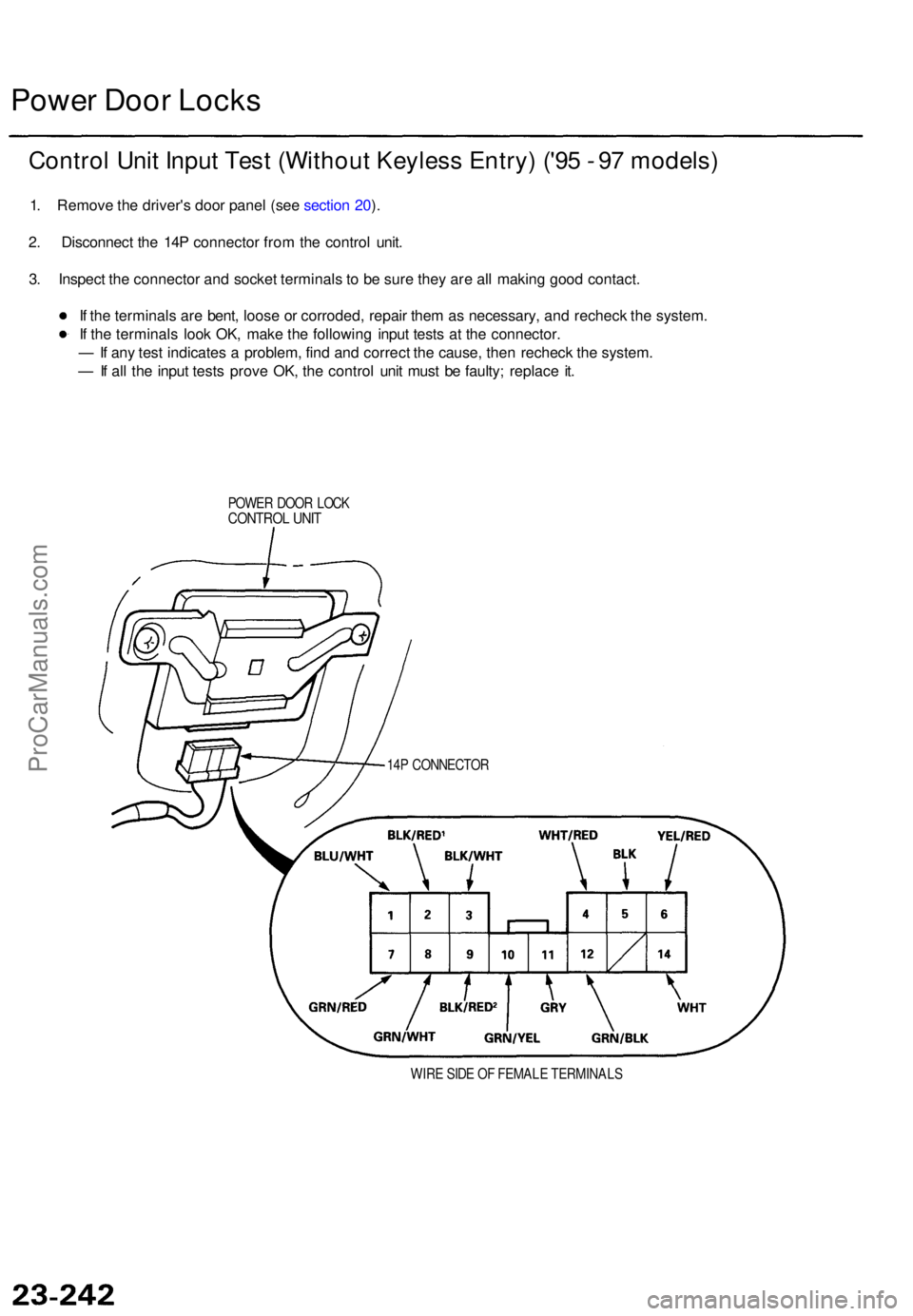 ACURA TL 1995  Service Repair Manual Power Doo r Lock s
Contro l Uni t Inpu t Tes t (Withou t Keyles s Entry ) ('9 5 - 9 7 models )
1. Remov e th e driver' s doo r pane l (se e sectio n 20 ).
2 . Disconnec t th e 14 P connecto r 