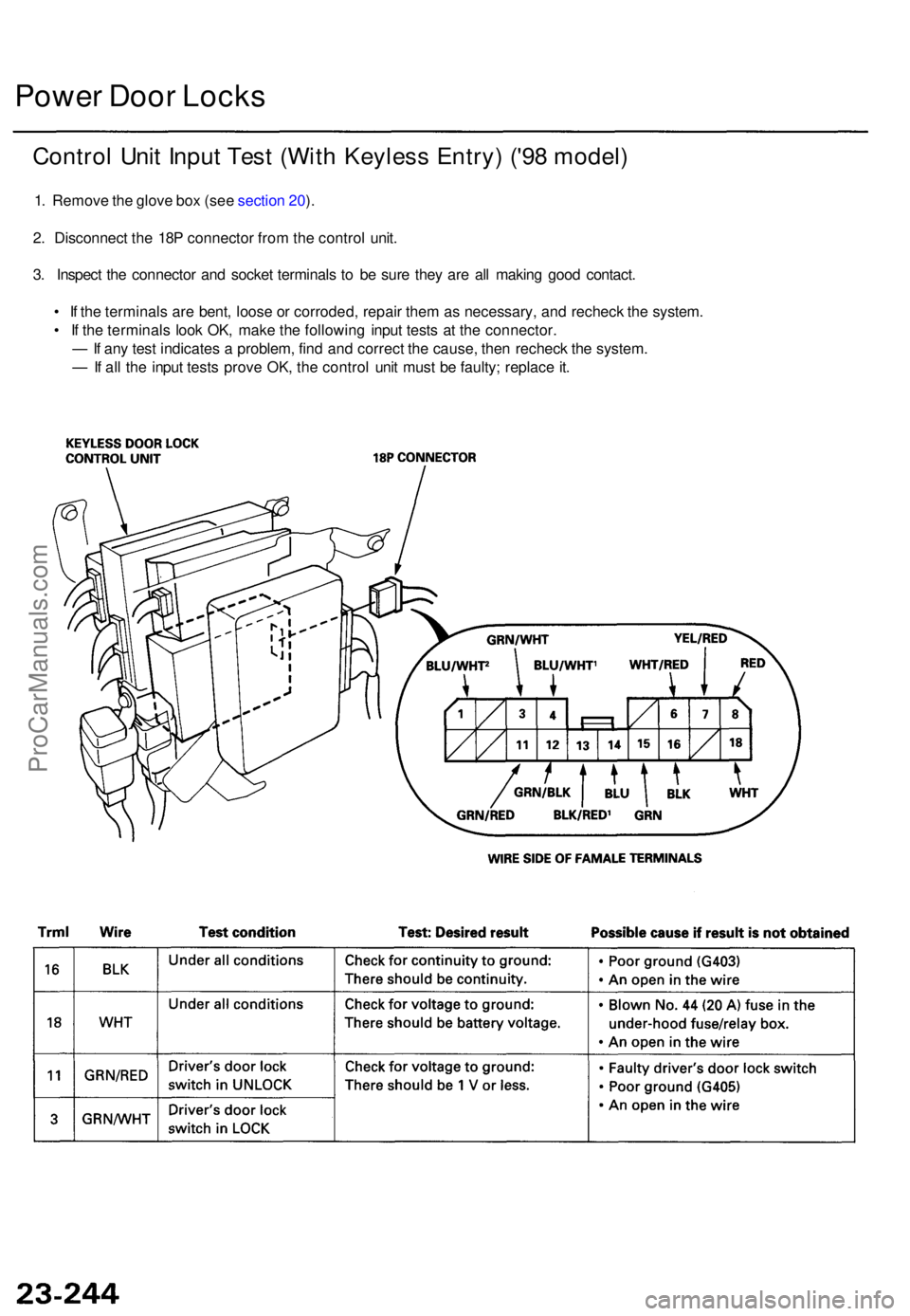 ACURA TL 1995  Service Repair Manual Power Doo r Lock s
Contro l Uni t Inpu t Tes t (Wit h Keyles s Entry ) ('9 8 model )
1. Remov e th e glov e bo x (se e sectio n 20 ).
2 . Disconnec t th e 18 P connecto r fro m th e contro l unit 