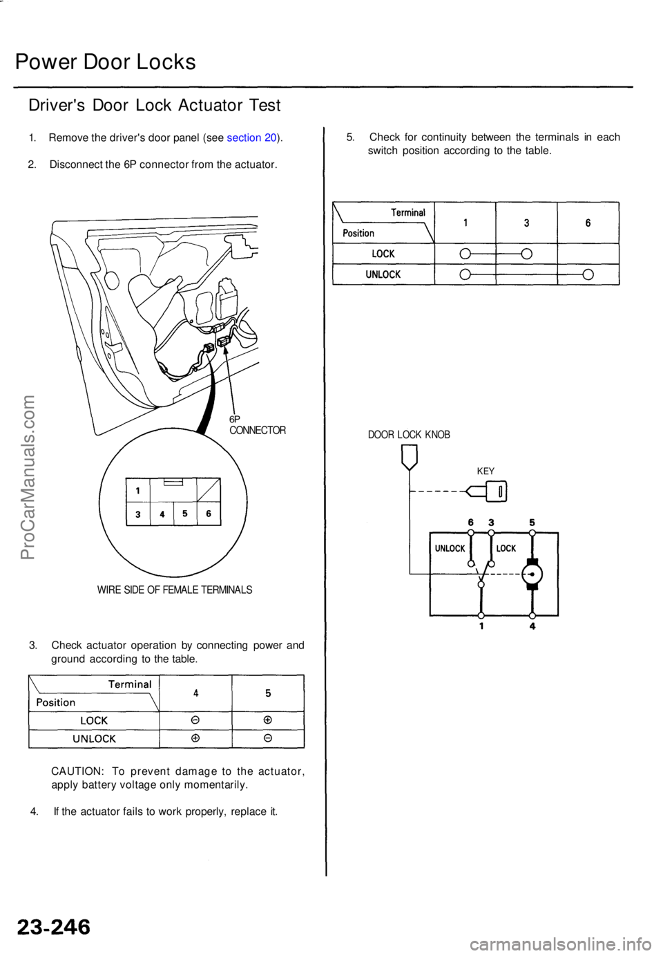 ACURA TL 1995  Service Repair Manual Power Doo r Lock s
Driver' s Doo r Loc k Actuato r Tes t
1. Remov e th e driver' s doo r pane l (se e sectio n 20 ).
2 . Disconnec t th e 6 P connecto r fro m th e actuator .
6PCONNECTO R
WIRE
