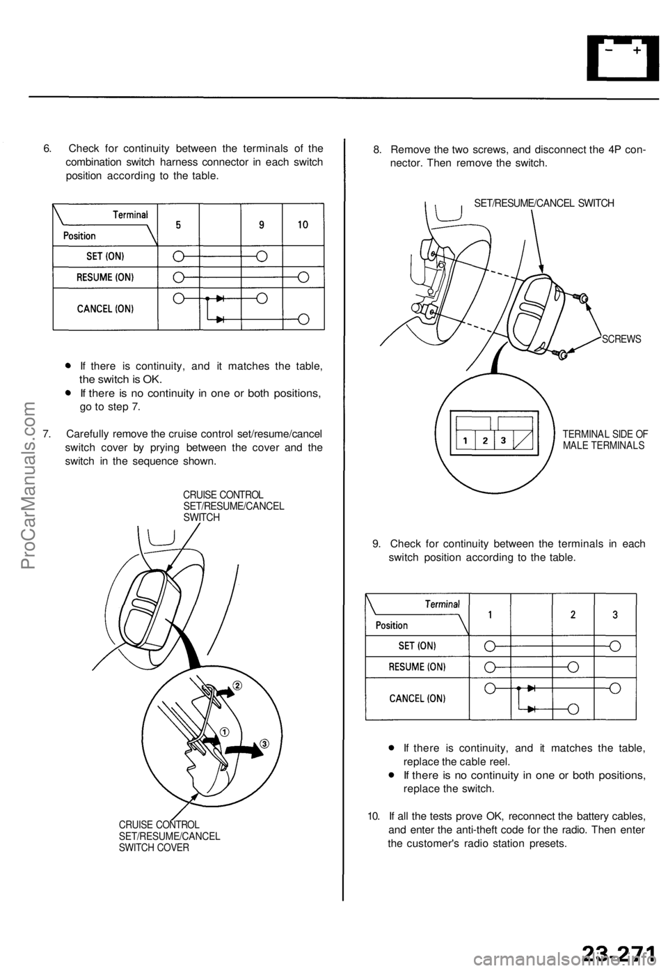 ACURA TL 1995 Service Repair Manual
6. Check for continuity between the terminals of the
combination switch harness connector in each switch
position according to the table.
If there is continuity, and it matches the table,
the swi ACURA TL 1995 Service Repair Manual
6. Check for continuity between the terminals of the
combination switch harness connector in each switch
position according to the table.
If there is continuity, and it matches the table,
the swi