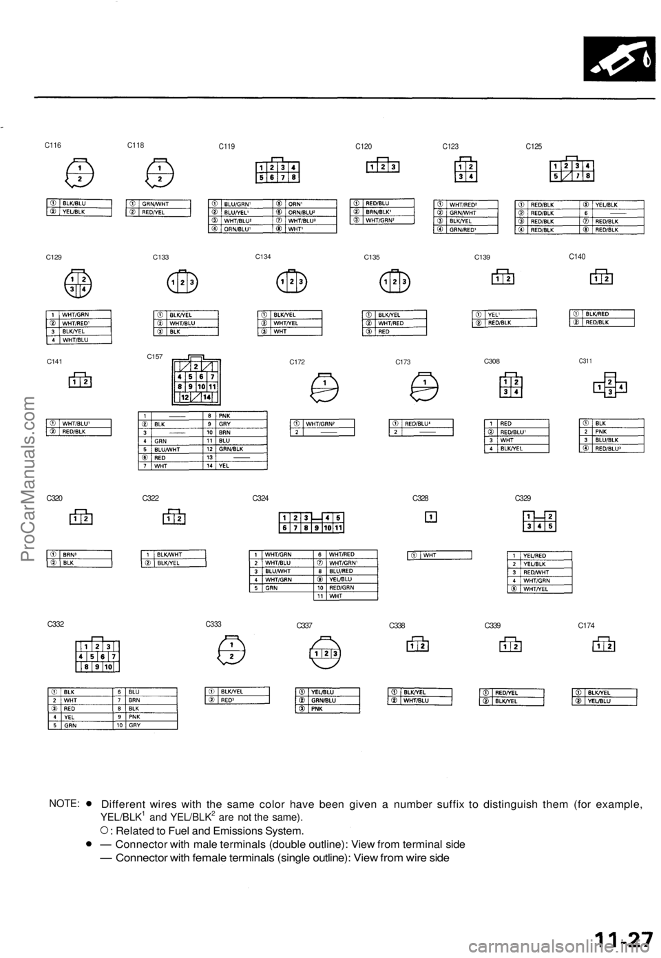 ACURA TL 1995  Service Repair Manual C116 C11 8C119 C12 0 C12 3 C12 5
C134
C17 2         C173
C140
C31 1
C320 C32 2 C32 4 C32 8 C32 9
C33 2 C33 3C337 C33 8 C33 9 C17 4
Differen t wire s wit h th e sam e colo r hav e bee n give n a  numbe