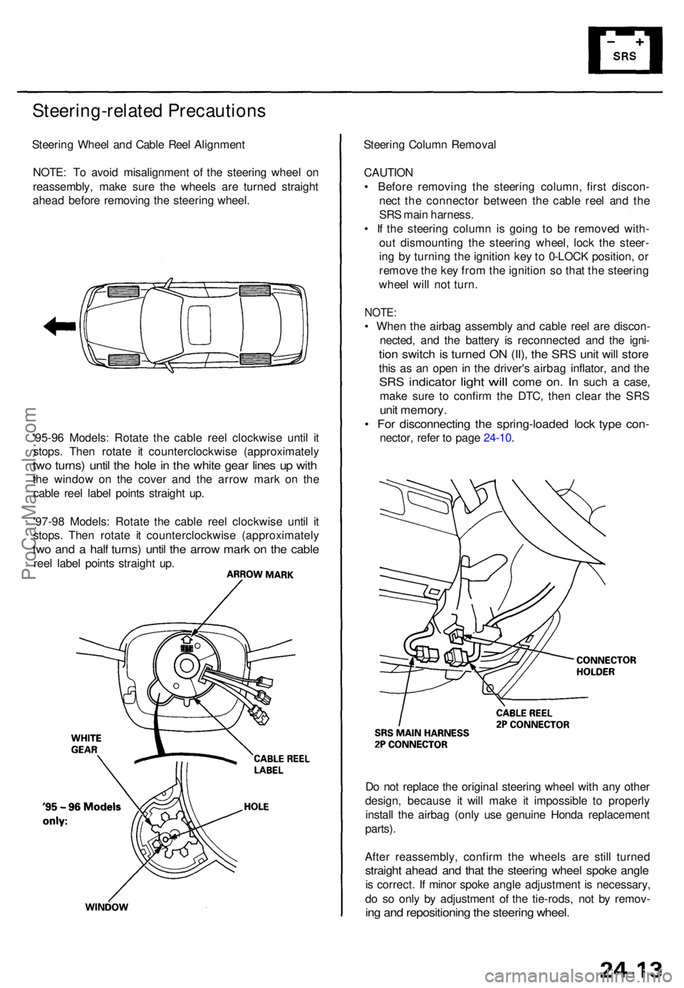 ACURA TL 1995  Service Repair Manual Steering-related Precautions
Steering Whee l an d Cabl e Ree l Alignmen t
NOTE : T o avoi d misalignmen t o f th e steerin g whee l o n
reassembly , mak e sur e th e wheel s ar e turne d straigh t
ahe