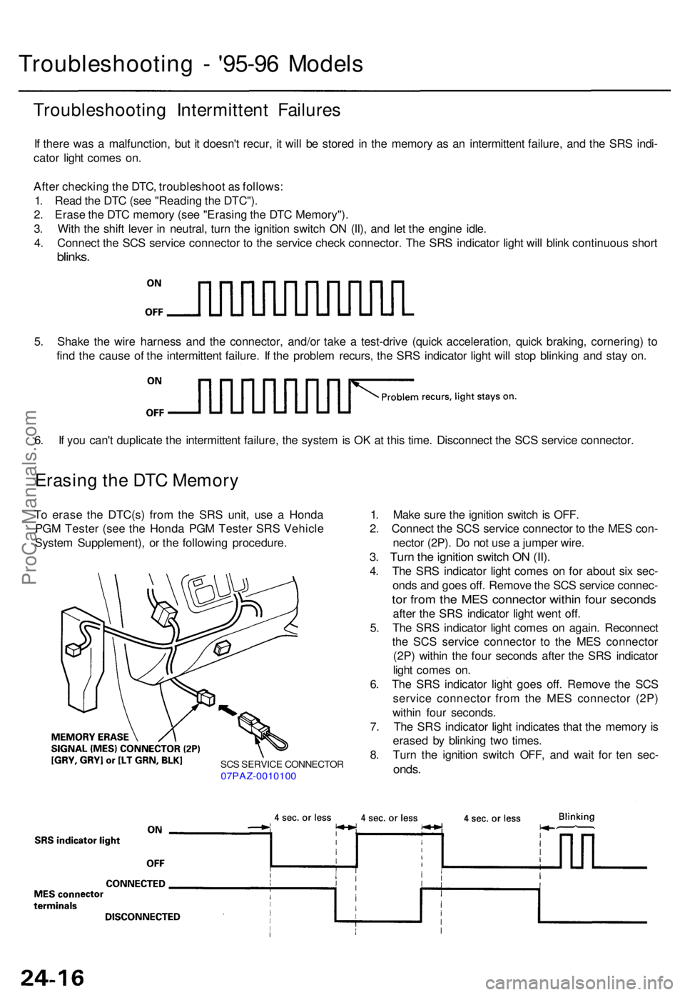 ACURA TL 1995  Service Repair Manual SCS SERVIC E CONNECTO R07PAZ-001010 0
Troubleshootin g -  '95-9 6 Model s
Troubleshootin g Intermitten t Failure s
If  ther e wa s a  malfunction , bu t i t doesn' t recur , i t wil l b e stor