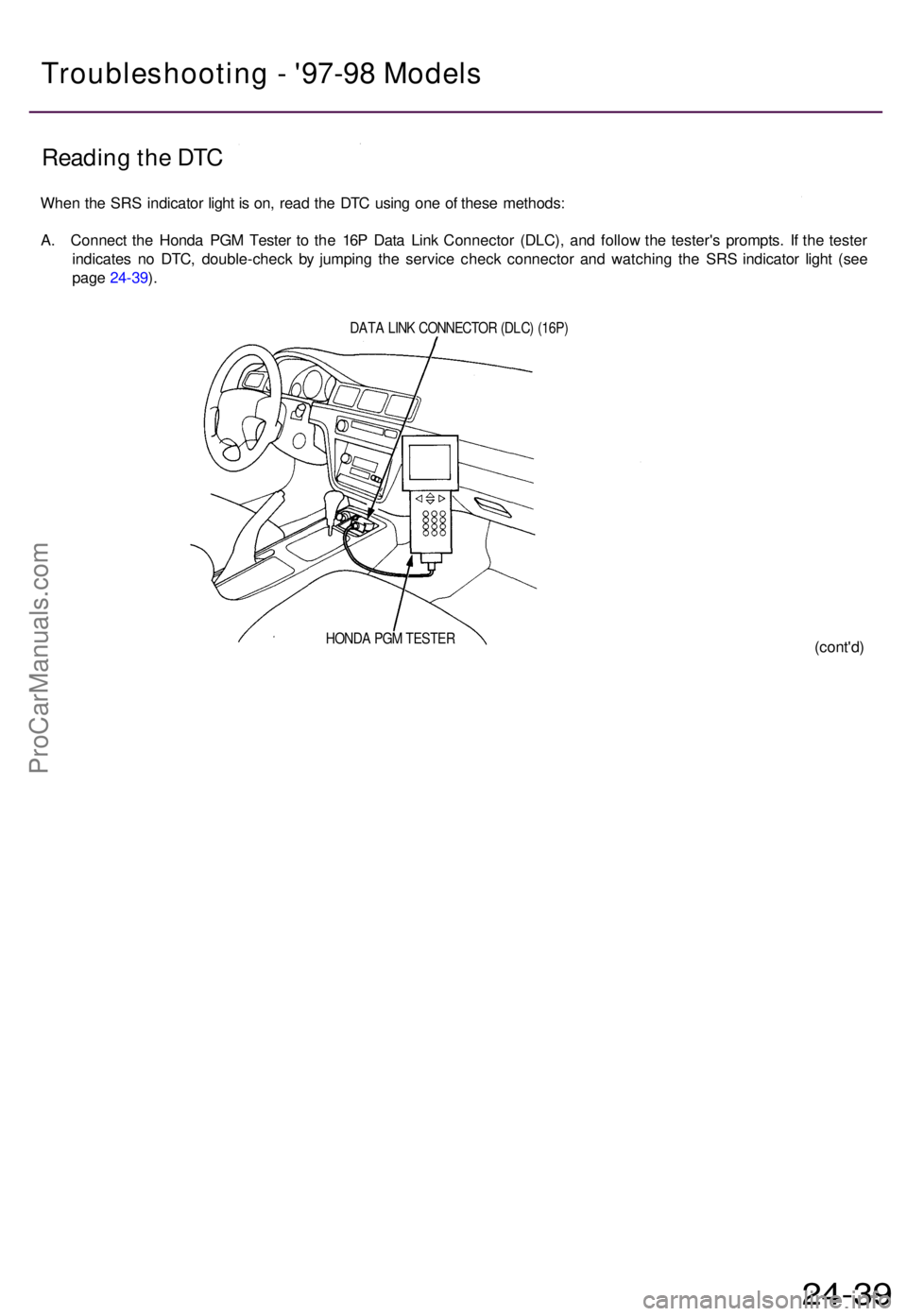 ACURA TL 1995  Service Repair Manual Reading th e DT C
Whe n th e SR S indicato r ligh t i s  on , rea d th e DT C usin g on e o f thes e methods :
A . Connec t th e Hond a PG M Teste r t o th e 16 P Dat a Lin k Connecto r (DLC) , an d f