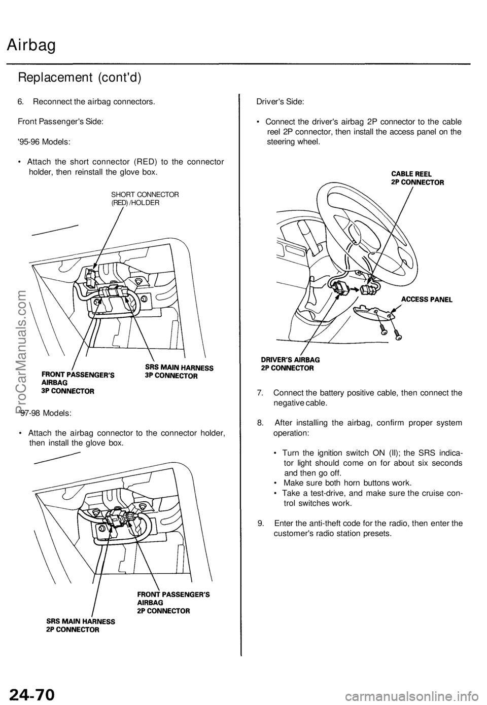 ACURA TL 1995  Service Repair Manual Airbag
Replacemen t (cont'd )
6. Reconnec t th e airba g connectors .
Fron t Passenger' s Side :
'95-9 6 Models :
•  Attac h th e shor t connecto r (RED ) t o th e connecto r
holder , th