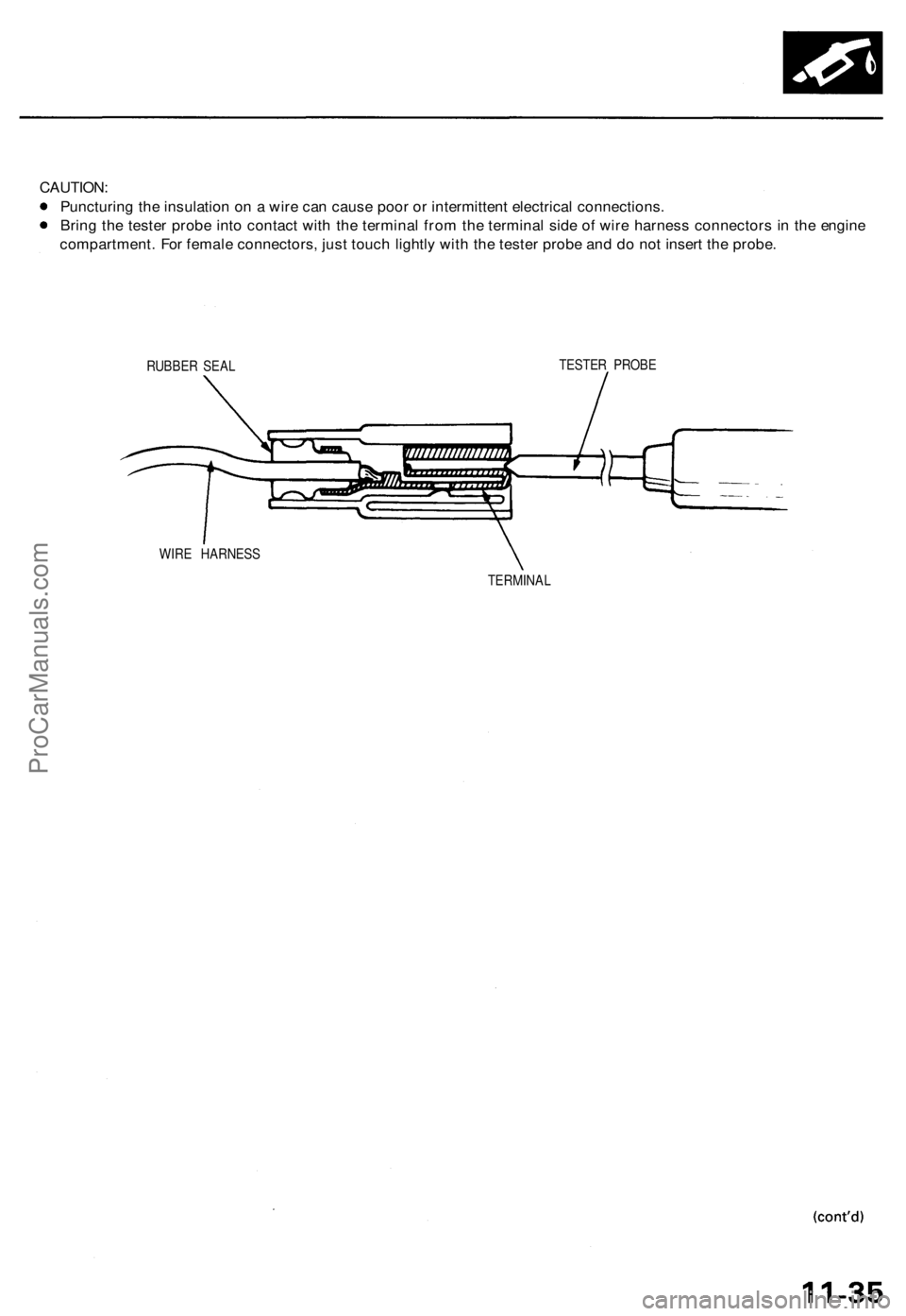 ACURA TL 1995  Service Repair Manual 
CAUTION:

Puncturing the insulation on a wire can cause poor or intermittent electrical connections.

Bring the tester probe into contact with the terminal from the terminal side of wire harness conn