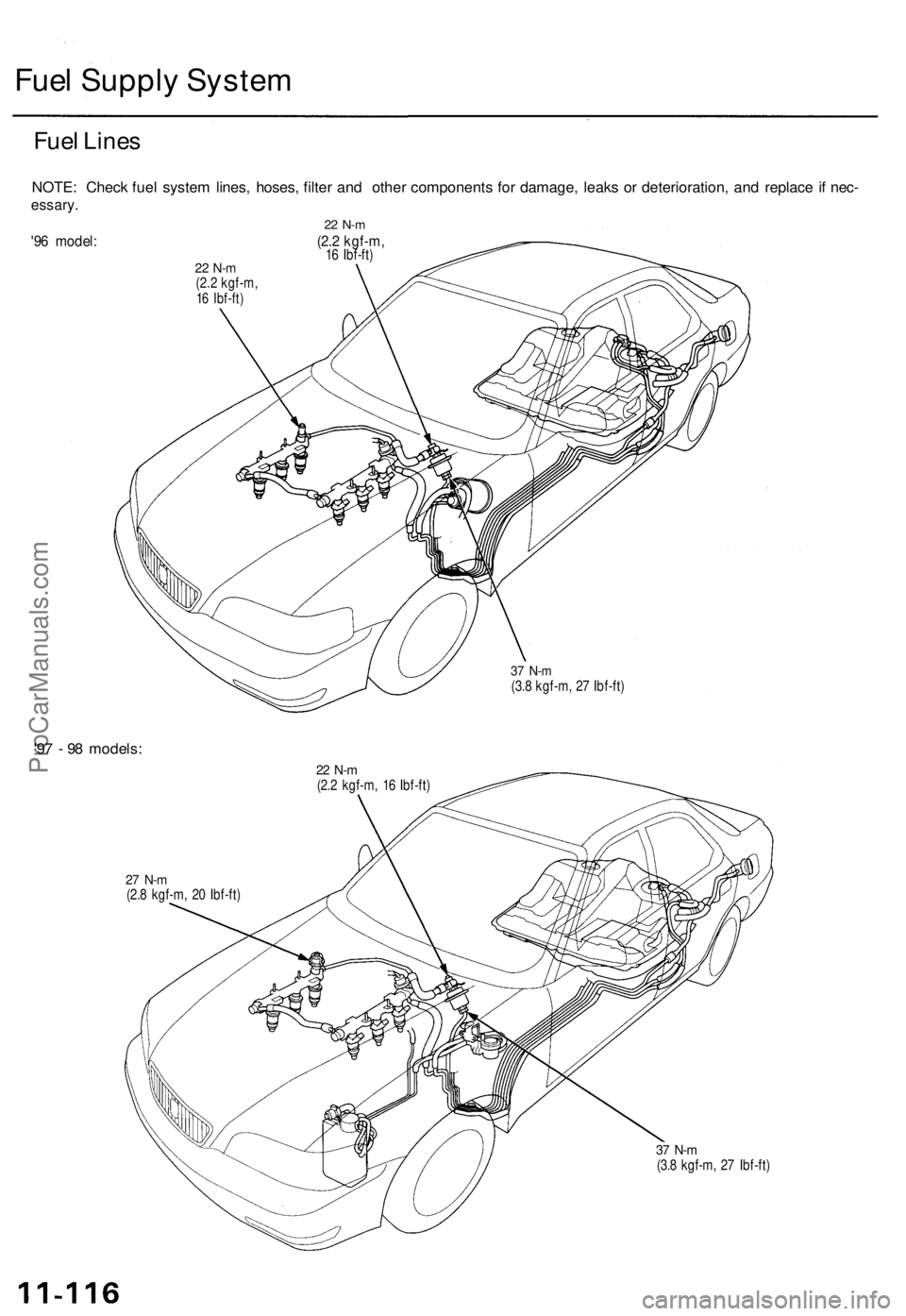 ACURA TL 1995  Service Repair Manual Fuel Suppl y Syste m
Fuel Line s
NOTE : Chec k fue l syste m lines , hoses , filte r an d othe r component s fo r damage , leak s o r deterioration , an d replac e if nec -
essary .
22  N- m
'96 m