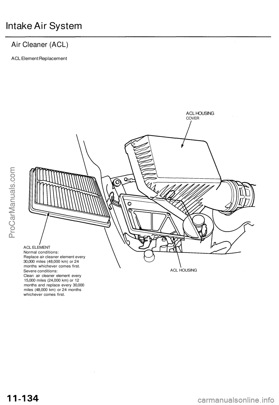 ACURA TL 1995  Service Repair Manual Intake Ai r Syste m
Air Cleane r (ACL )
ACL Elemen t Replacemen t
ACL HOUSIN GCOVER
ACL ELEMEN T
Norma l conditions :
Replac e ai r cleane r elemen t ever y
30,00 0 mile s (48,00 0 km ) o r 2 4
month 