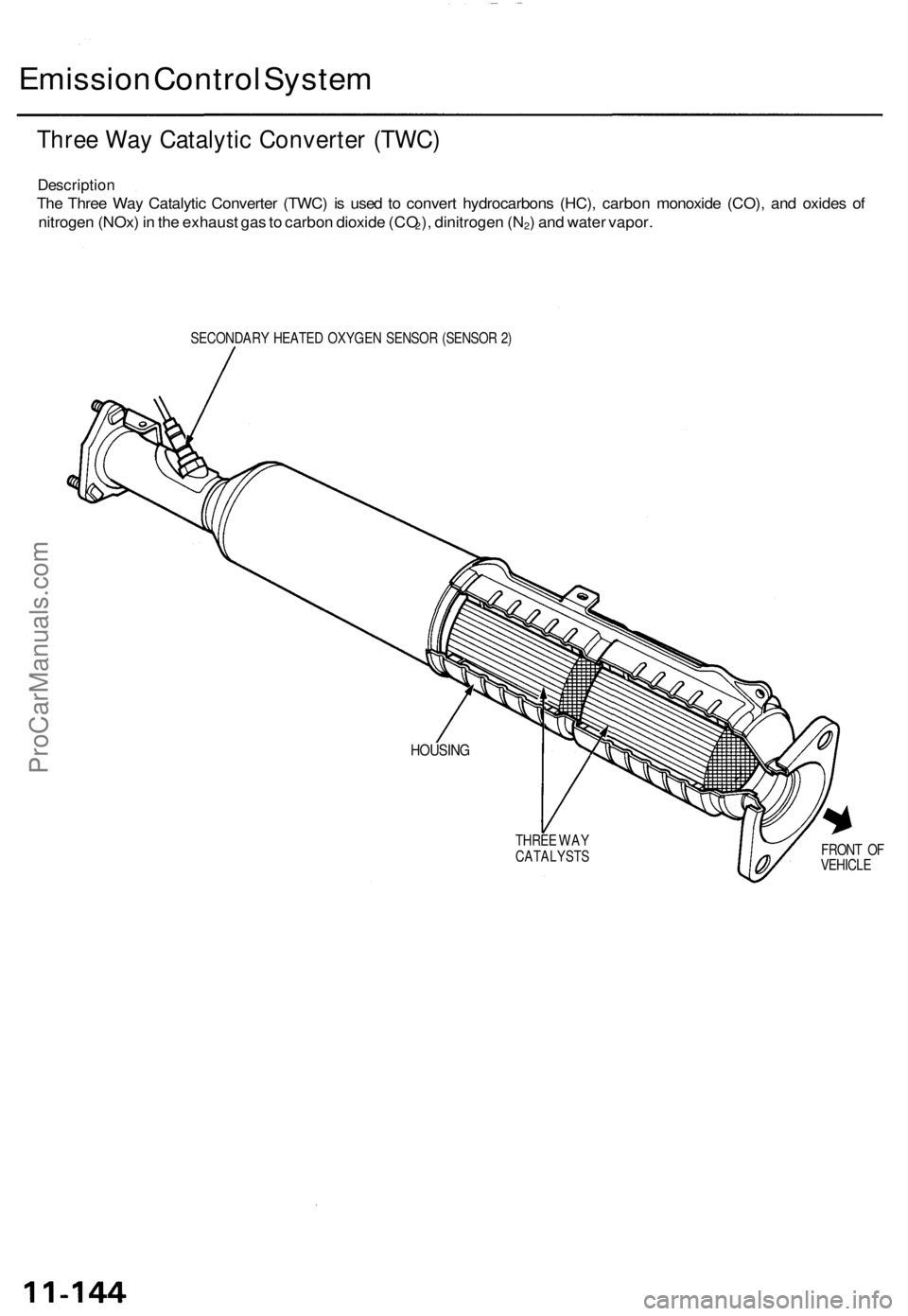 ACURA TL 1995  Service Repair Manual Emission Contro l Syste m
Three Wa y Catalyti c Converte r (TWC )
Descriptio n
The Thre e Wa y Catalyti c Converte r (TWC ) i s use d t o conver t hydrocarbon s (HC) , carbo n monoxid e (CO) , an d ox