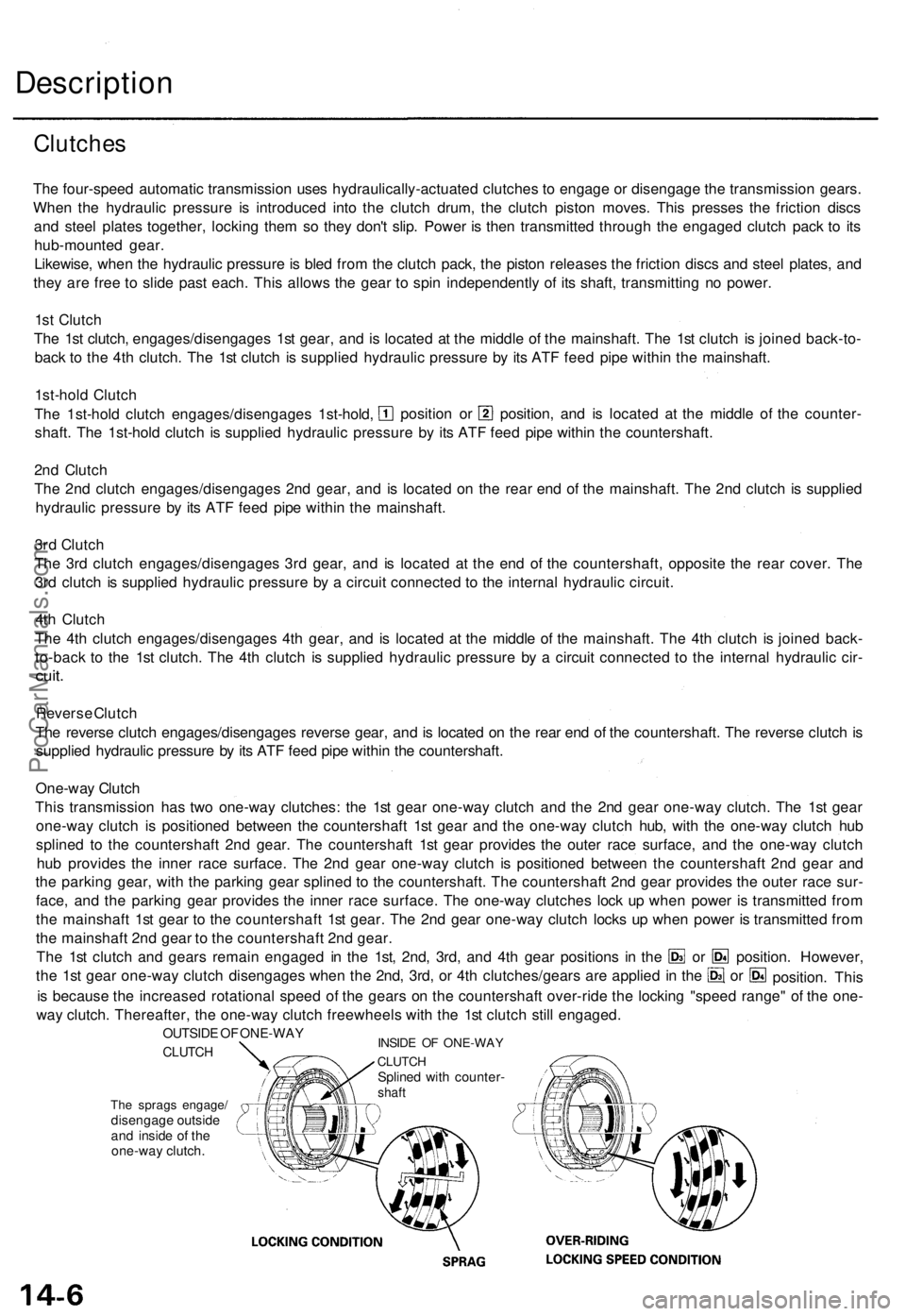 ACURA TL 1995 Service Repair Manual
Description
Clutches
The four-speed automatic transmission uses hydraulically-actuated clutches to engage or disengage the transmission gears.
When the hydraulic pressure is introduced into the cl ACURA TL 1995 Service Repair Manual
Description
Clutches
The four-speed automatic transmission uses hydraulically-actuated clutches to engage or disengage the transmission gears.
When the hydraulic pressure is introduced into the cl