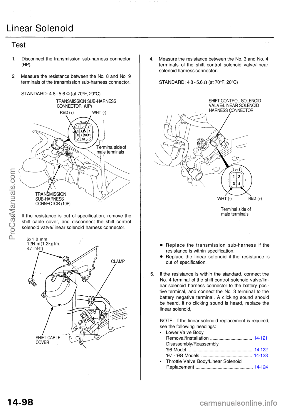 ACURA TL 1995  Service Repair Manual Linear Solenoi d
Test
1. Disconnec t th e transmissio n sub-harnes s connecto r
(HP).
2. Measur e th e resistanc e betwee n th e No . 8  an d No . 9
terminal s o f th e transmissio n sub-harnes s conn