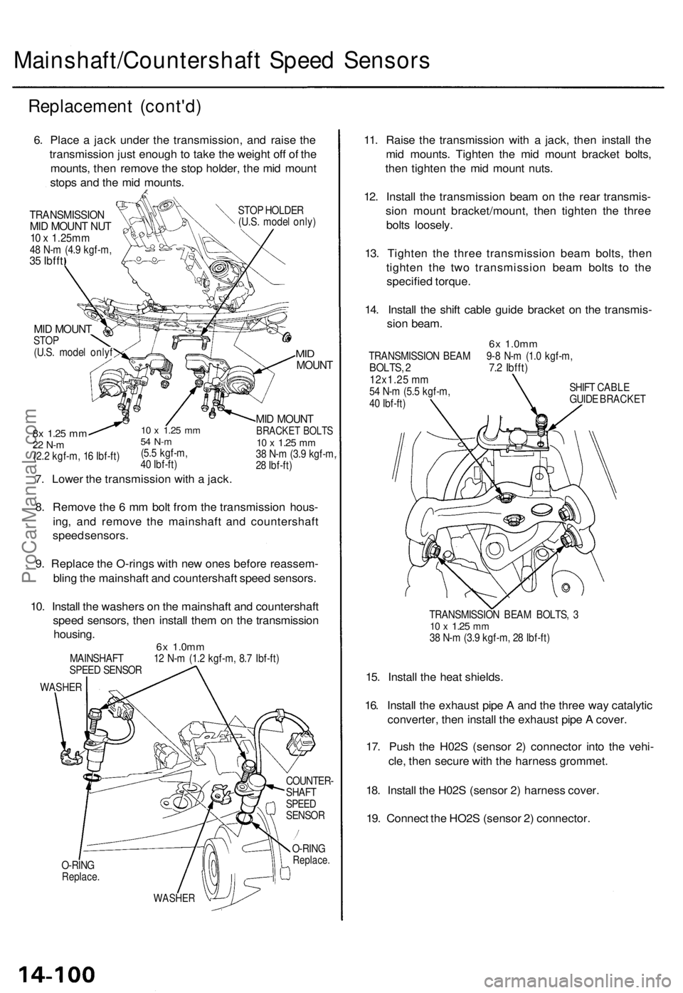 ACURA TL 1995  Service Repair Manual 
Mainshaft/Countershaft Speed Sensors

Replacement (cont'd)

6. Place a jack under the transmission, and raise the

transmission just enough to take the weight off of the

mounts, then remove the 