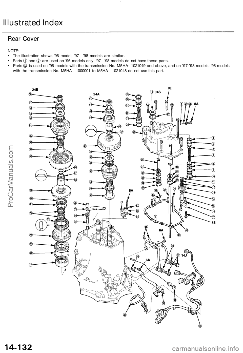 ACURA TL 1995  Service Repair Manual 
Rear Cover
Illustrated Index

NOTE:

• The illustration shows '96 model; '97 - '98 models are similar.

• Parts and are used on '96 models only; '97 - '98 models do not ha