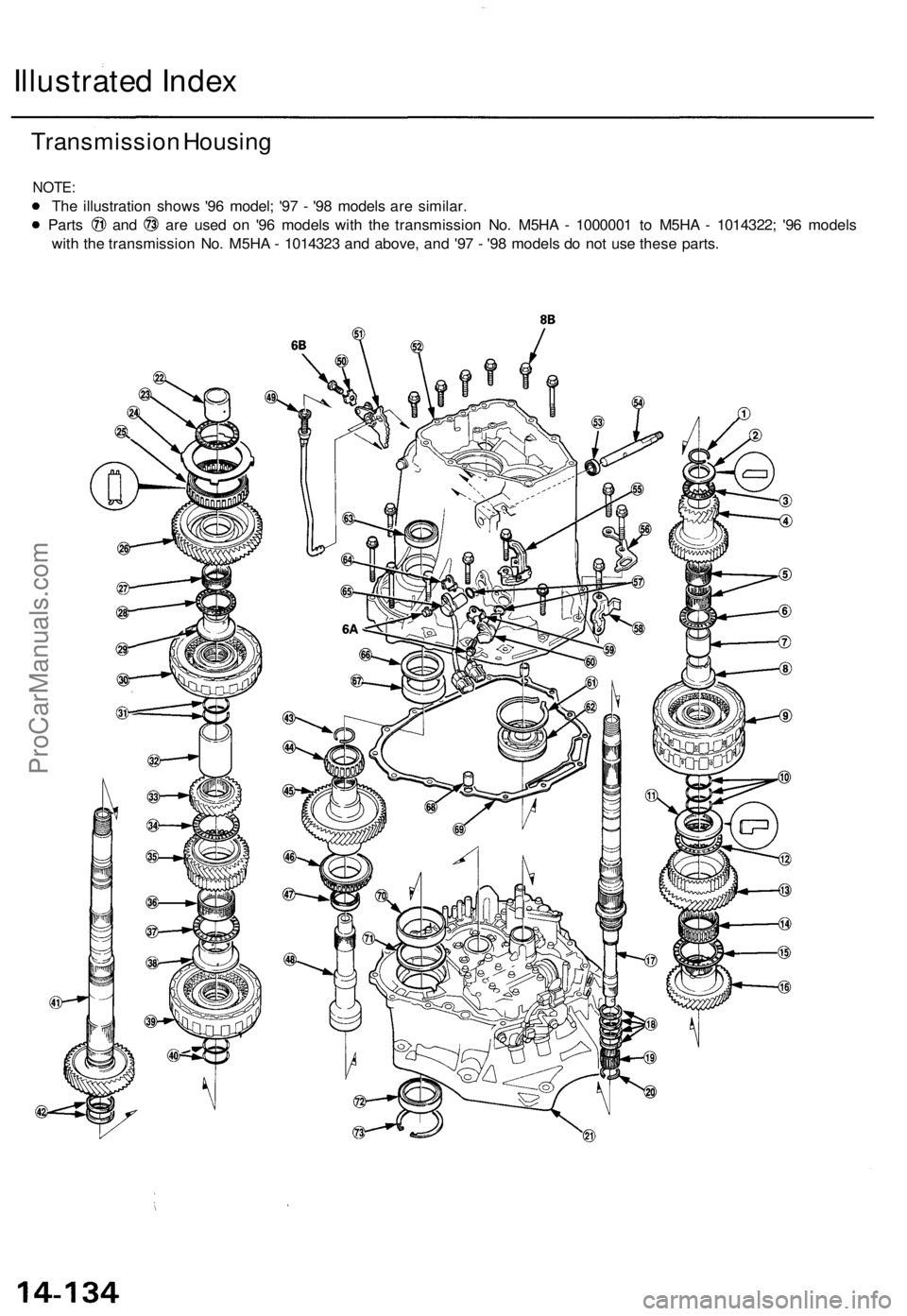 ACURA TL 1995  Service Repair Manual 
Illustrated Index

Transmission Housing

NOTE:

The illustration shows '96 model; '97 - '98 models are similar.

Parts and are used on '96 models with the transmission No. M5HA - 1000