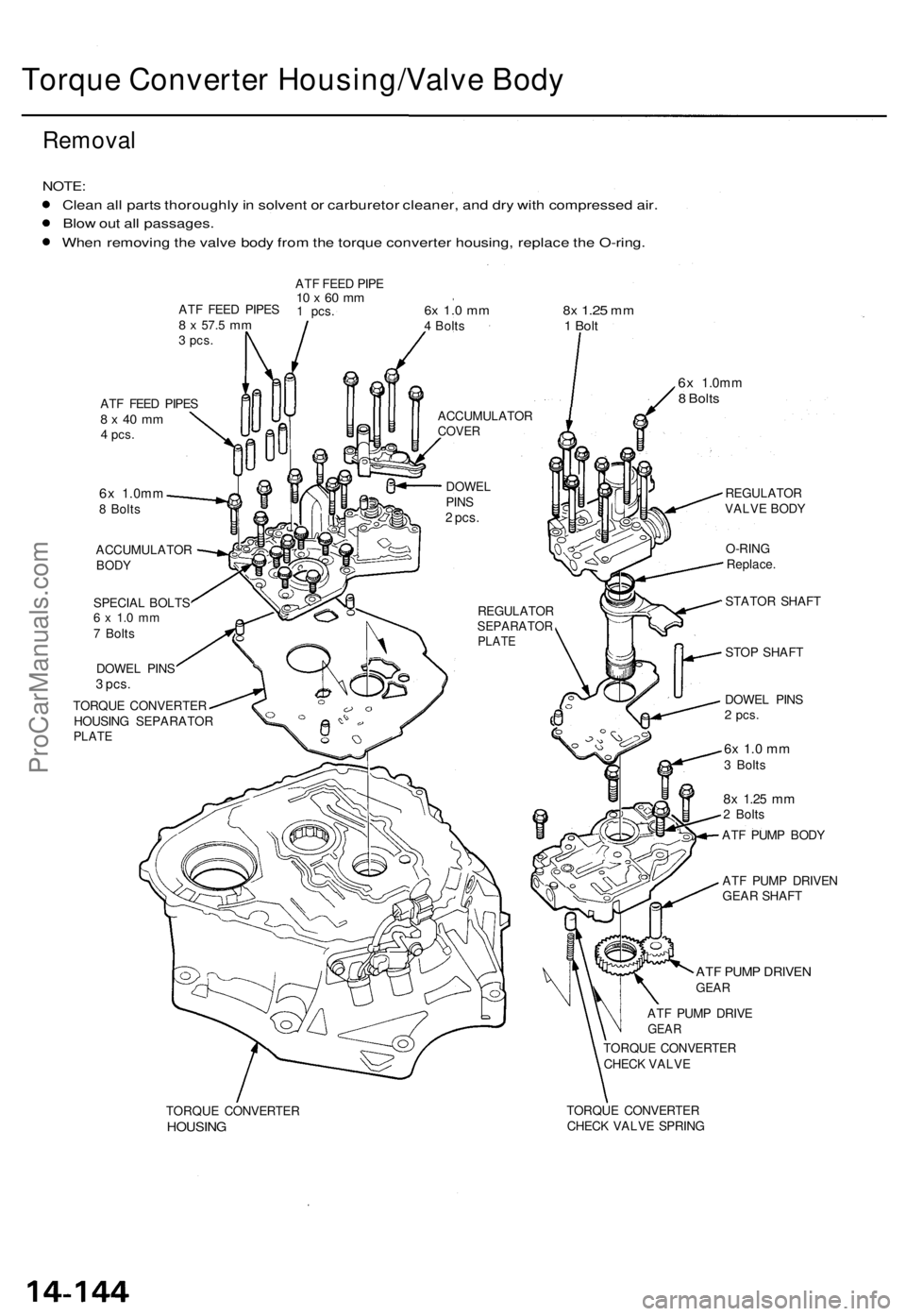 ACURA TL 1995  Service Repair Manual Torque Converte r Housing/Valv e Bod y
Remova l
NOTE:
Clean al l part s thoroughl y in  solven t o r carbureto r cleaner , an d dr y wit h compresse d air .
Blo w ou t al l passages .
Whe n removin g 